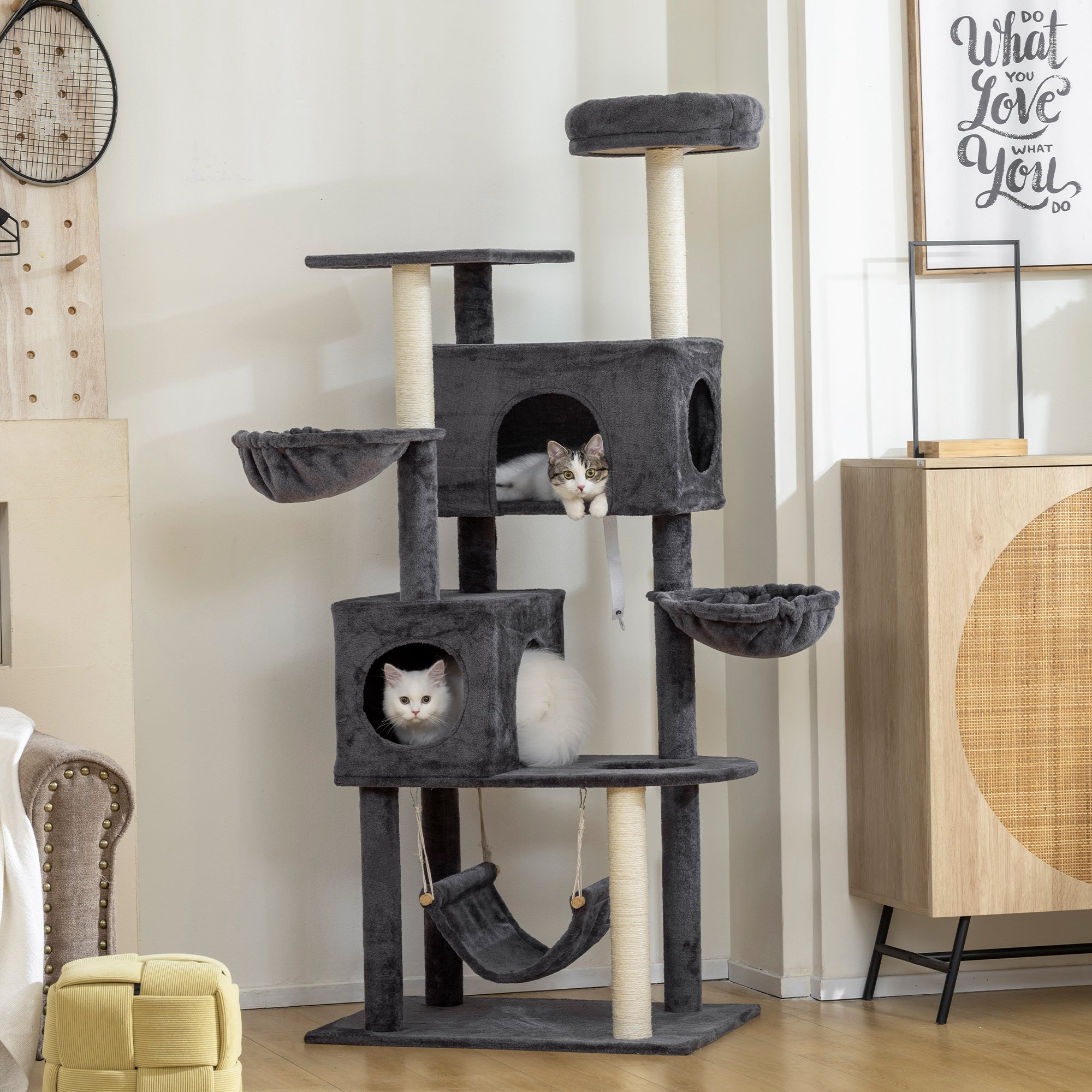 pawhut-arbre-chat-66-avec-2-niches-3-hamacs-et-perchoir-gris-fonc image 3