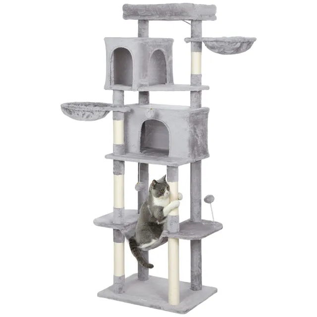 pawhut-arbre-chat-69-175-cm-avec-2-niches-3-hamacs-et-perchoirs-gris-clair image 1