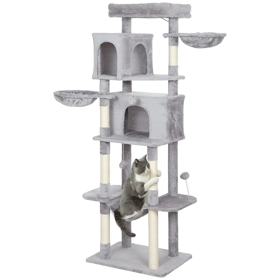 pawhut-arbre-chat-69-175-cm-avec-2-niches-3-hamacs-et-perchoirs-gris-clair image 1