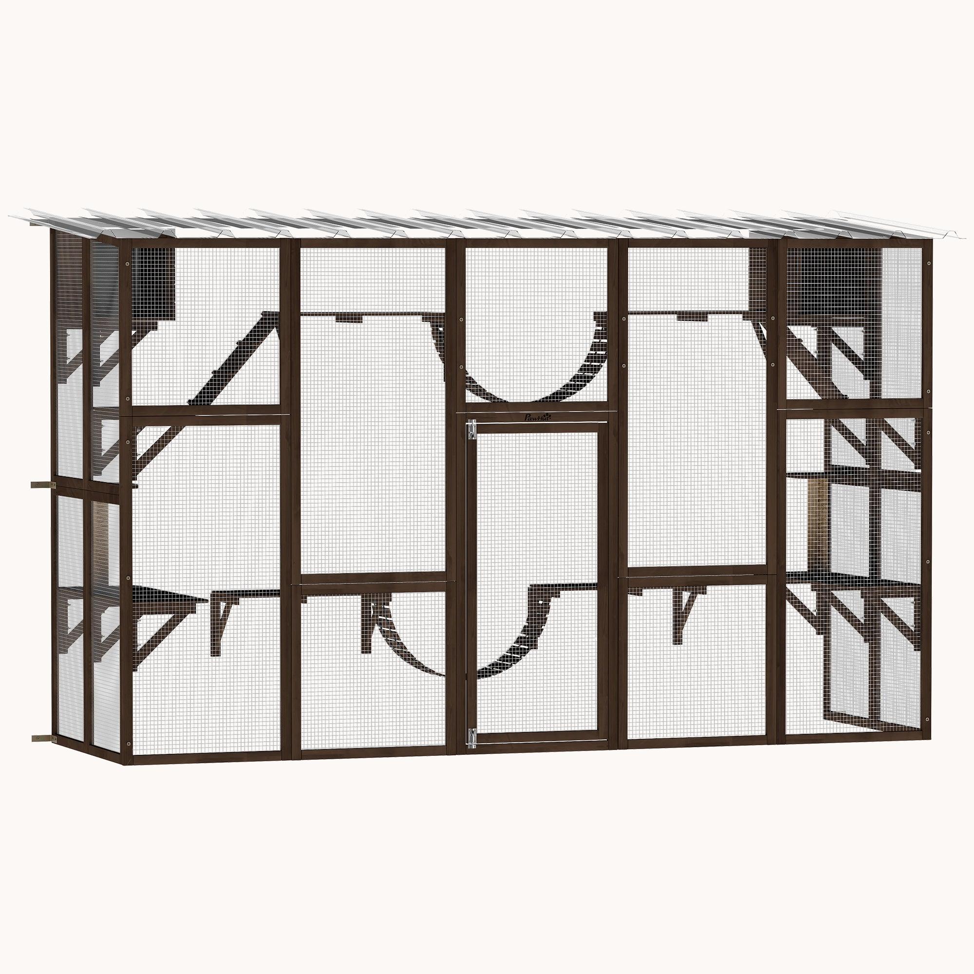 pawhut-catio-enclos-ext-rieur-pour-chat-en-bois-avec-toit-1-4-chats-marron-caf image 1