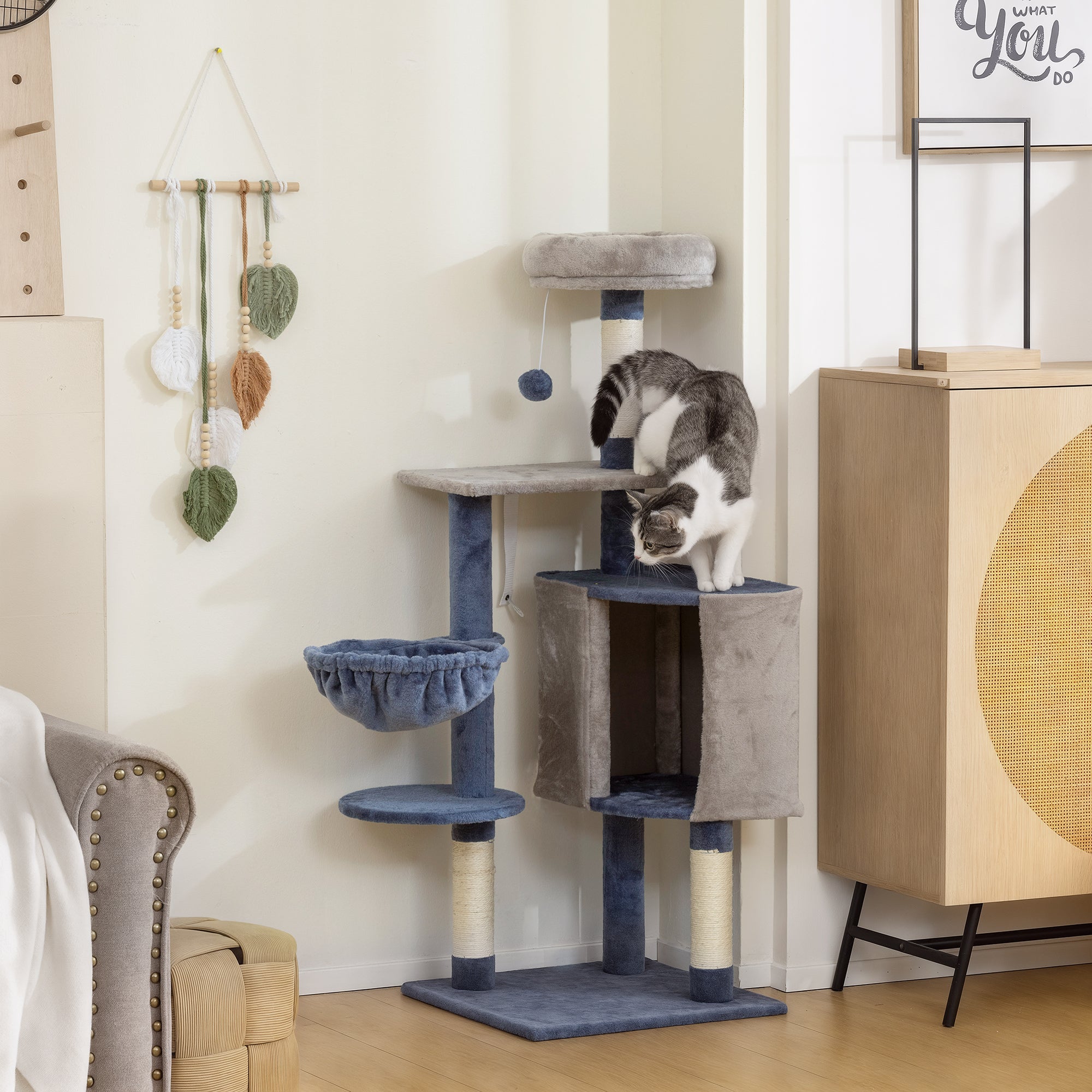 pawhut-arbre-chat-moderne-122-cm-bleu-gris-avec-niche-hamac-et-perchoir image 3