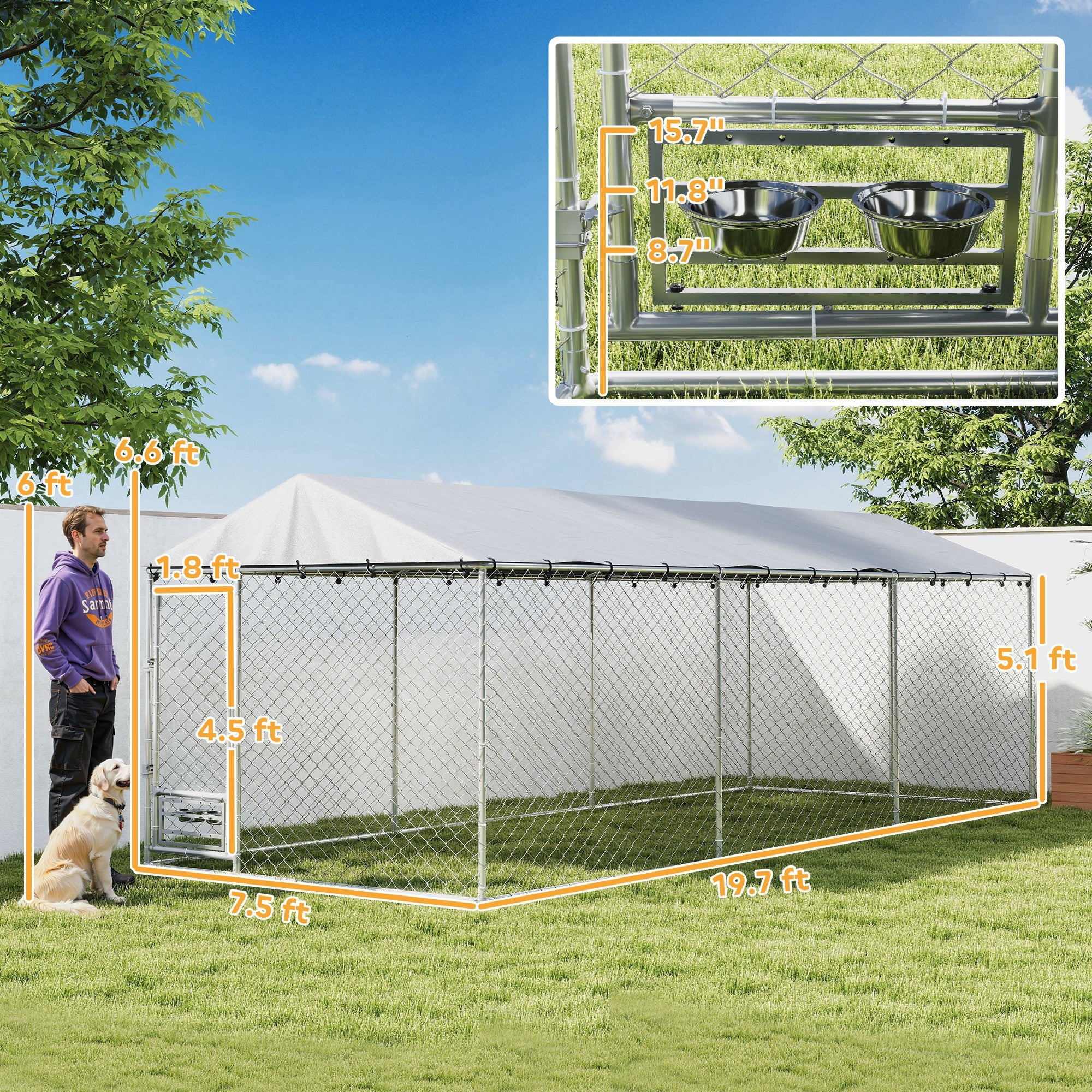 pawhut-chenil-ext-rieur-walk-in-avec-toit-gamelles-et-double-verrouillage-argent image 5