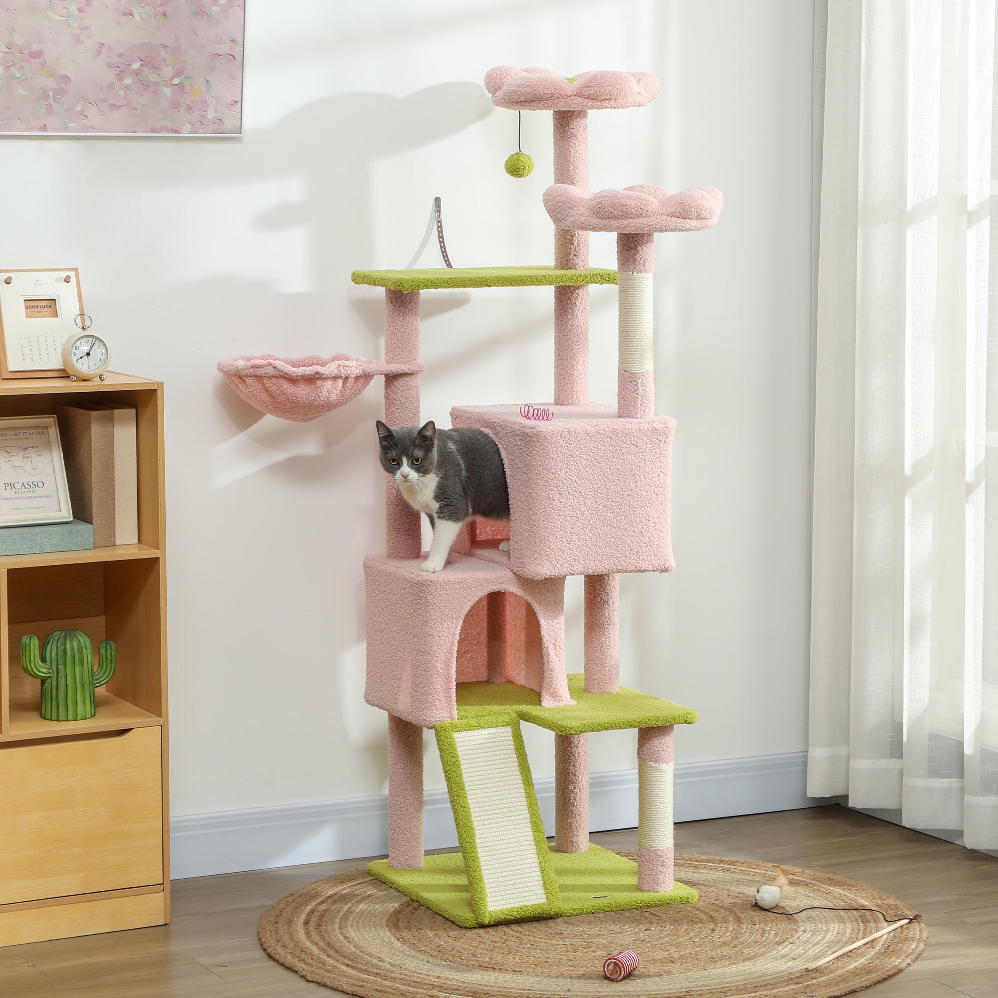 pawhut-arbre-chat-fleur-157-cm-avec-2-niches-2-paniers-fleur-et-hamac-rose image 3