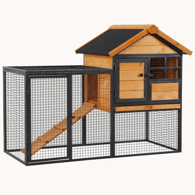 pawhut-clapier-lapins-2-niveaux-48-avec-enclos-habitat-bois-pour-lapins-poules-c image 1
