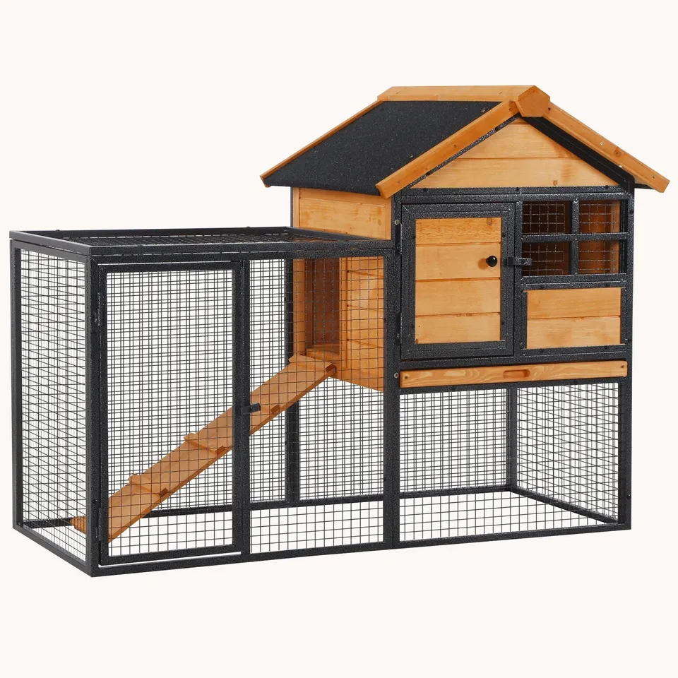 pawhut-clapier-lapins-2-niveaux-48-avec-enclos-habitat-bois-pour-lapins-poules-c image 1