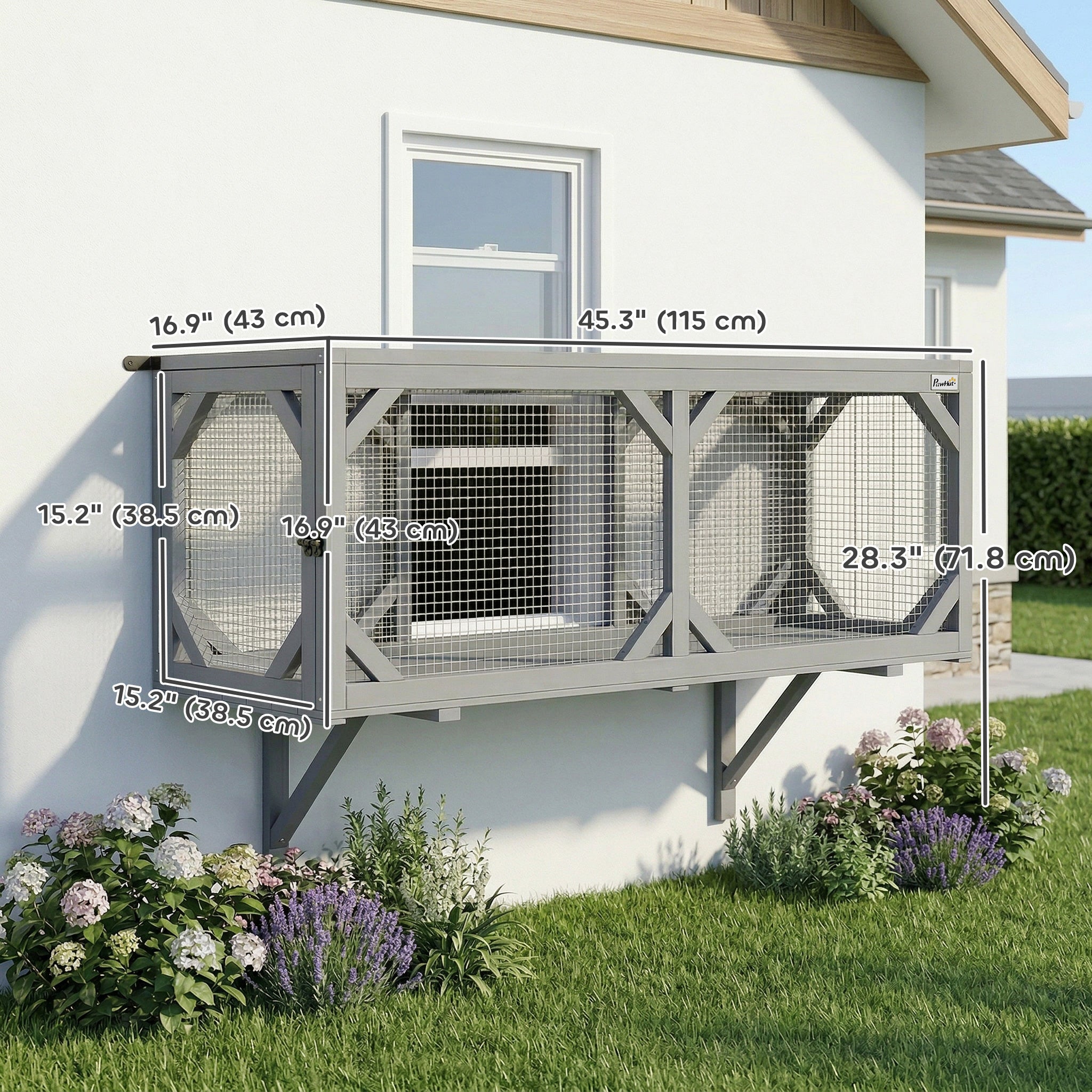pawhut-tunnel-chat-mural-catio-bois-2-portes-extensible-gris image 5