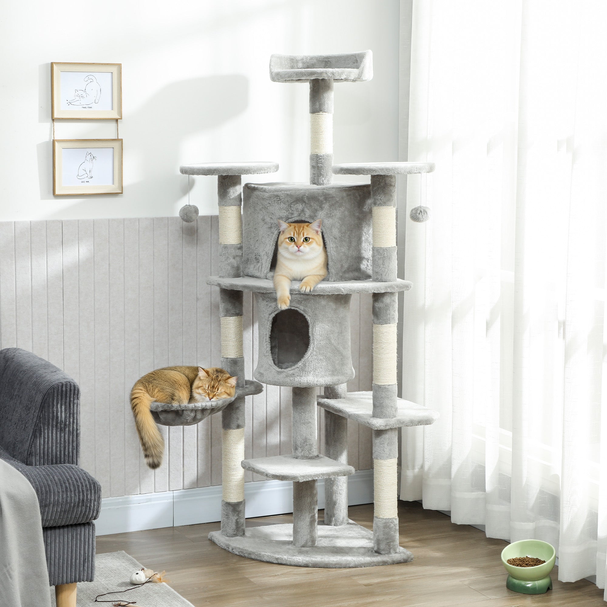 pawhut-arbre-chat-157-cm-2-niches-hamac-et-perchoirs-gris-clair image 3