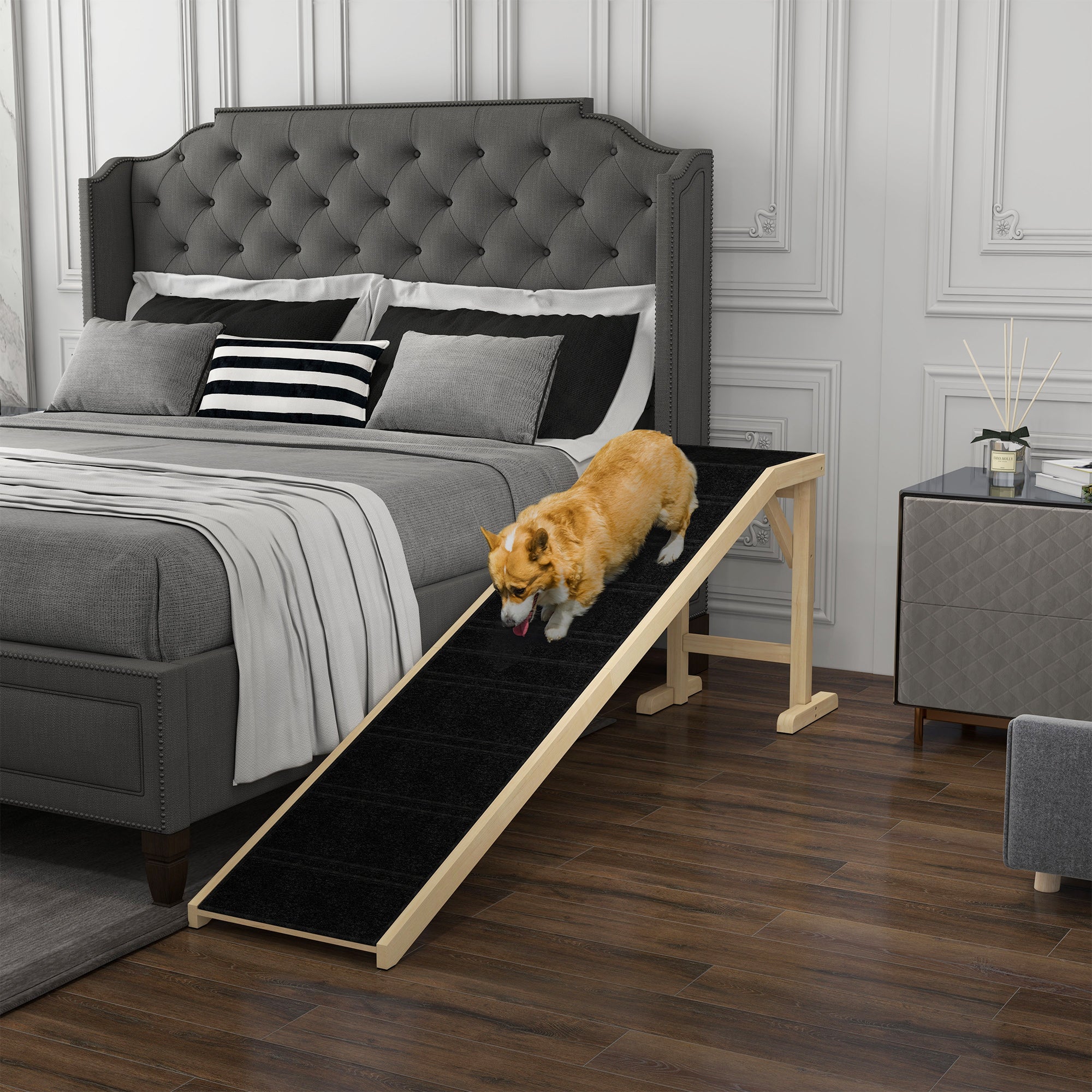 pawhut-rampe-pour-chien-et-chat-en-bois-naturel-avec-tapis-antid-rapant-et-plate image 5