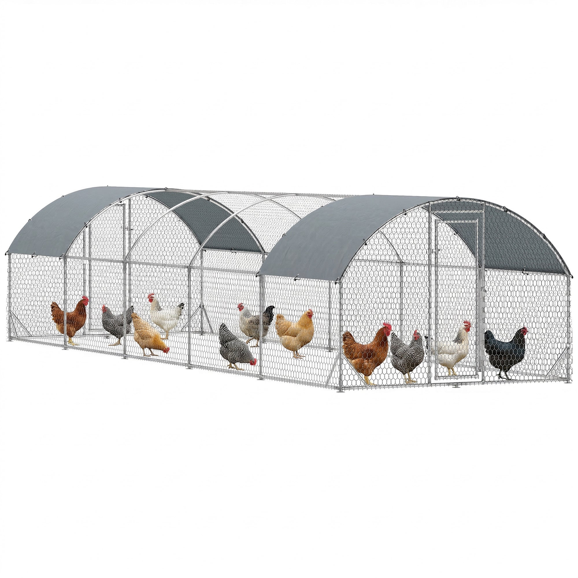 pawhut-grand-enclos-poules-galvanis-toit-d-me-avec-b-che-9-2-x-31-2-x-6-4-argent image 1