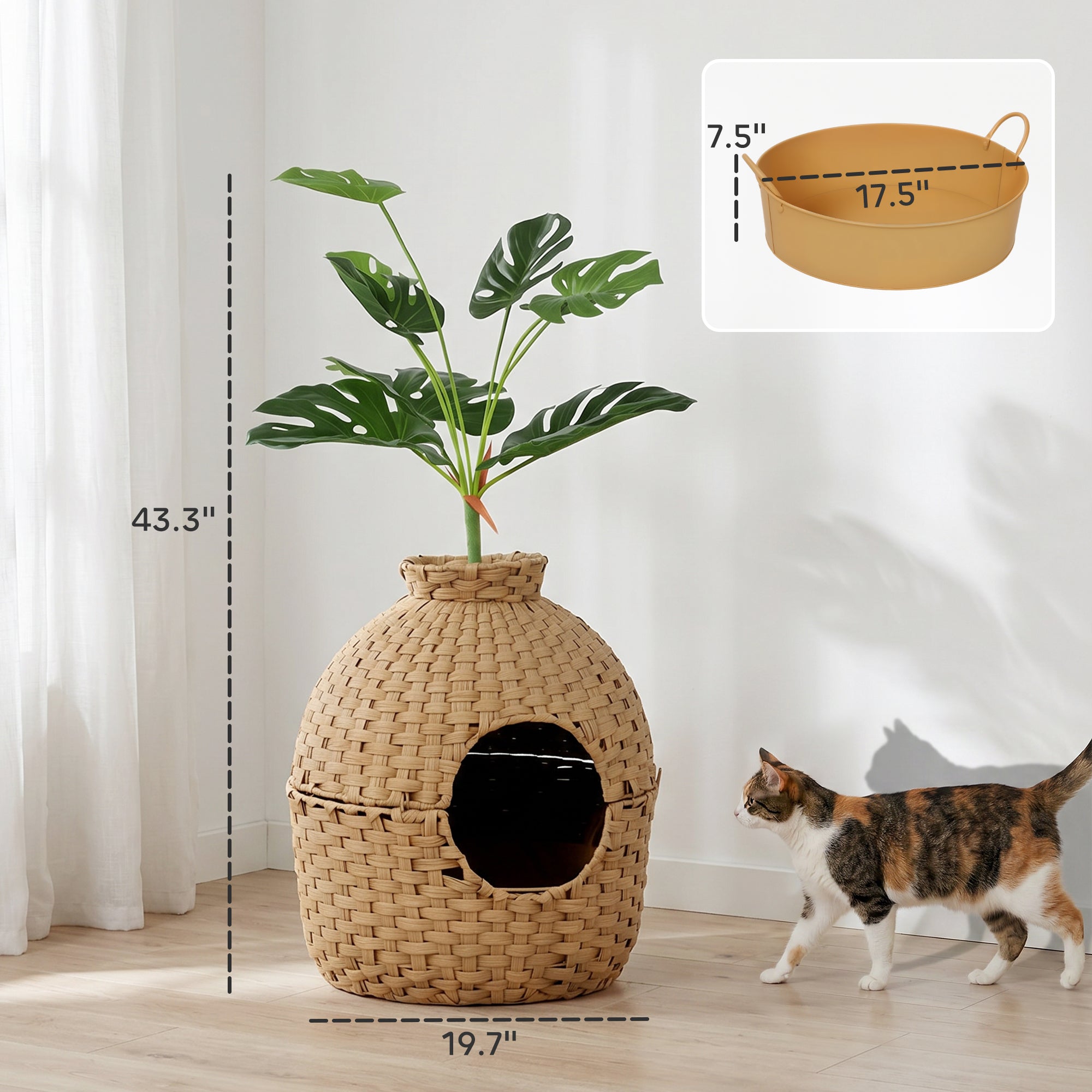 pawhut-meuble-liti-re-chat-cach-e-avec-fausse-plante-et-bac-inox image 5