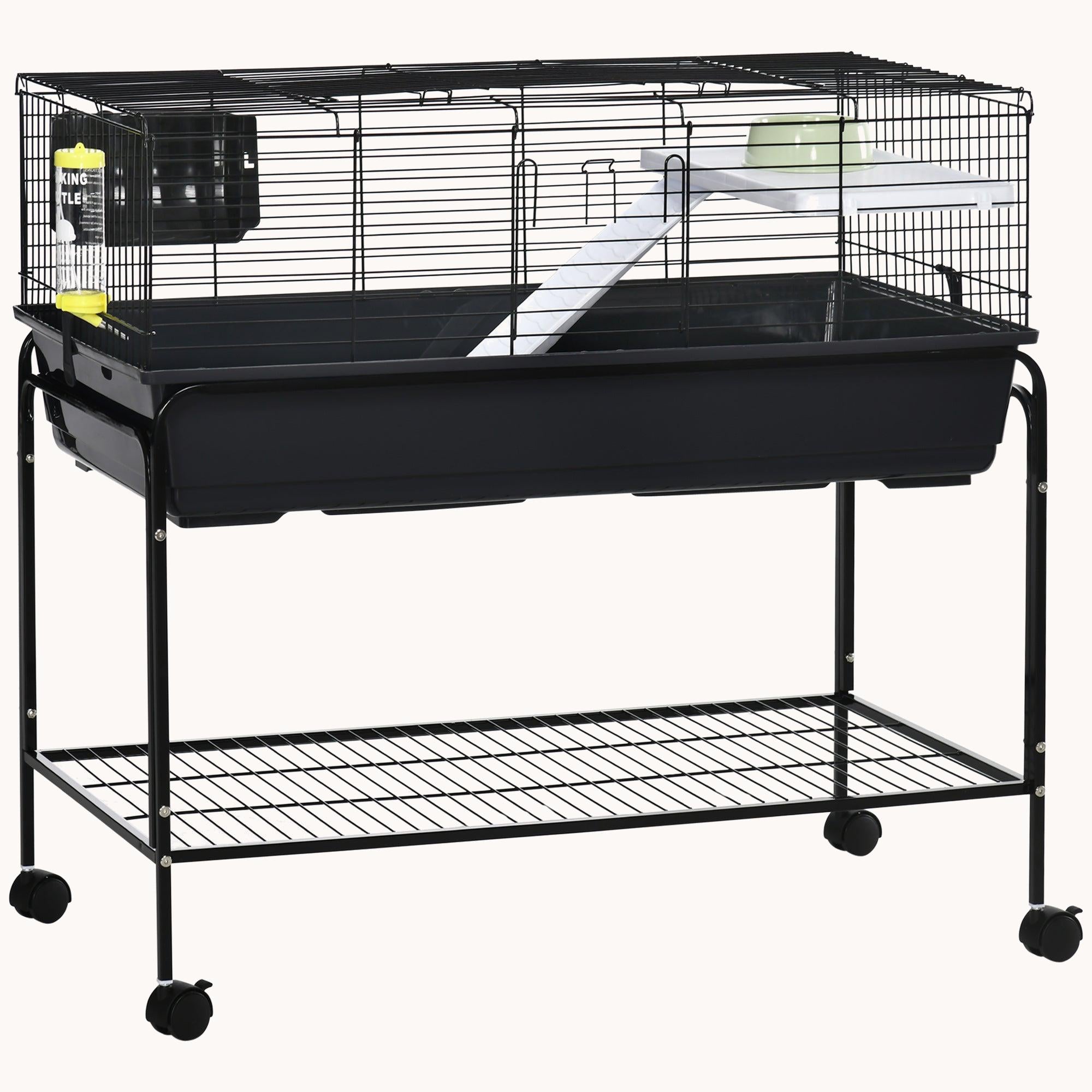 pawhut-cage-2-tages-noire-99-x-52-x-93-cm-avec-support-amovible-tag-re-et-roulet image 1