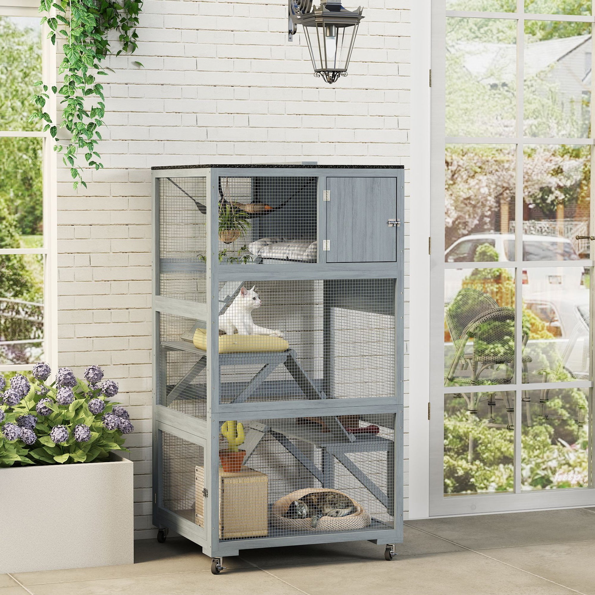 pawhut-catio-ext-rieur-sur-roulettes-66-avec-condo-hamac-et-plateformes-gris image 3