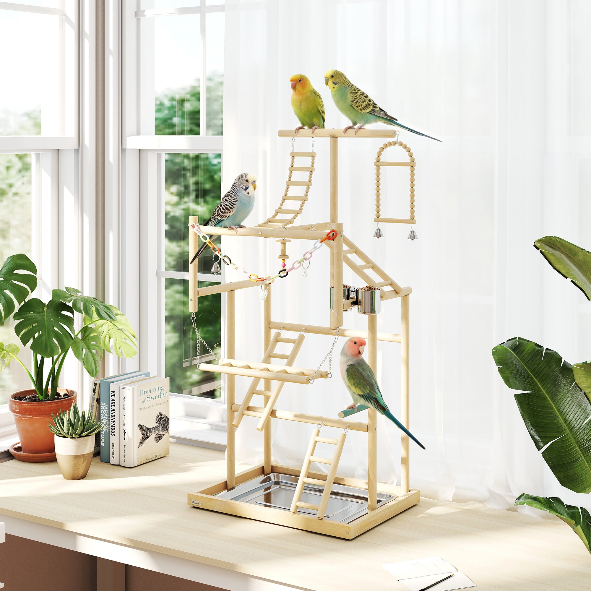 pawhut-aire-de-jeu-perchoir-pour-oiseaux-en-bois-95-cm-avec-chelles-jouet-cha-ne image 3