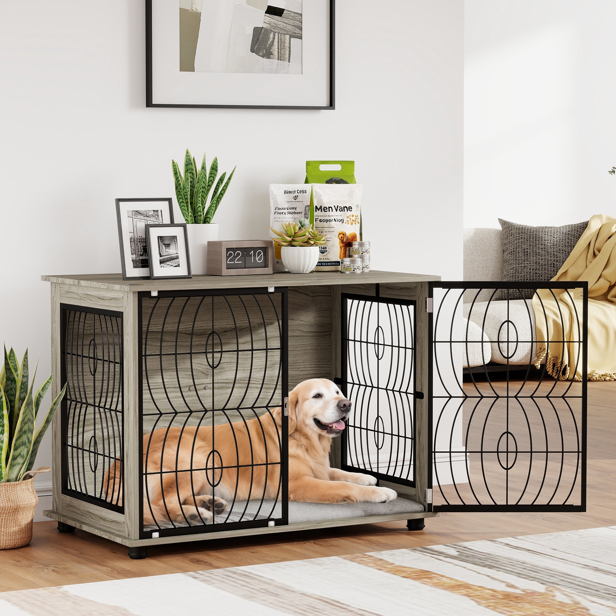 pawhut-table-d-appoint-cage-pour-chien-avec-coussin-pour-grands-animaux-gris image 1