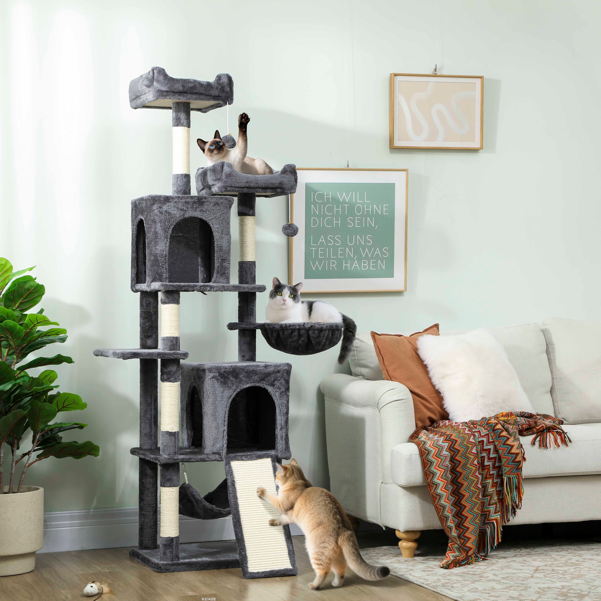pawhut-arbre-chat-177-cm-avec-2-niches-2-perchoirs-et-hamac-gris-fonc image 4