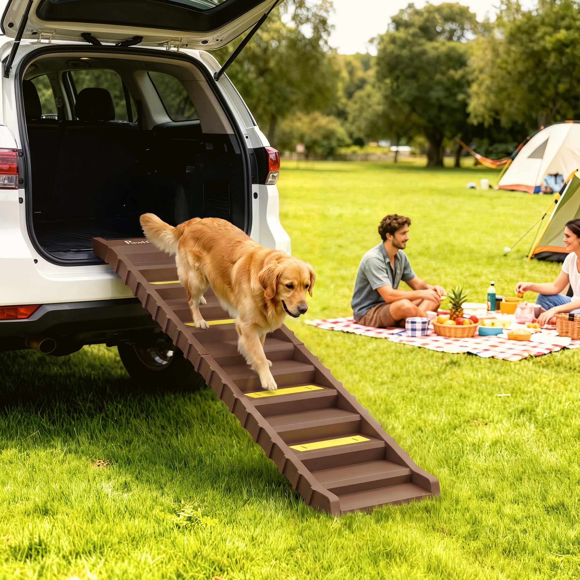 pawhut-rampe-pliable-10-marches-pour-chien-voiture-et-lit-haut-marron image 3