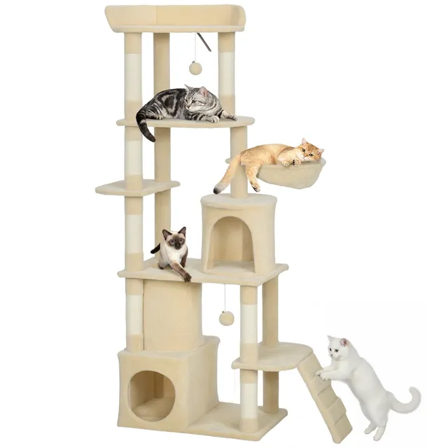 pawhut-arbre-chat-g-ant-170-cm-7-griffoirs-2-niches-hamac-beige image 1