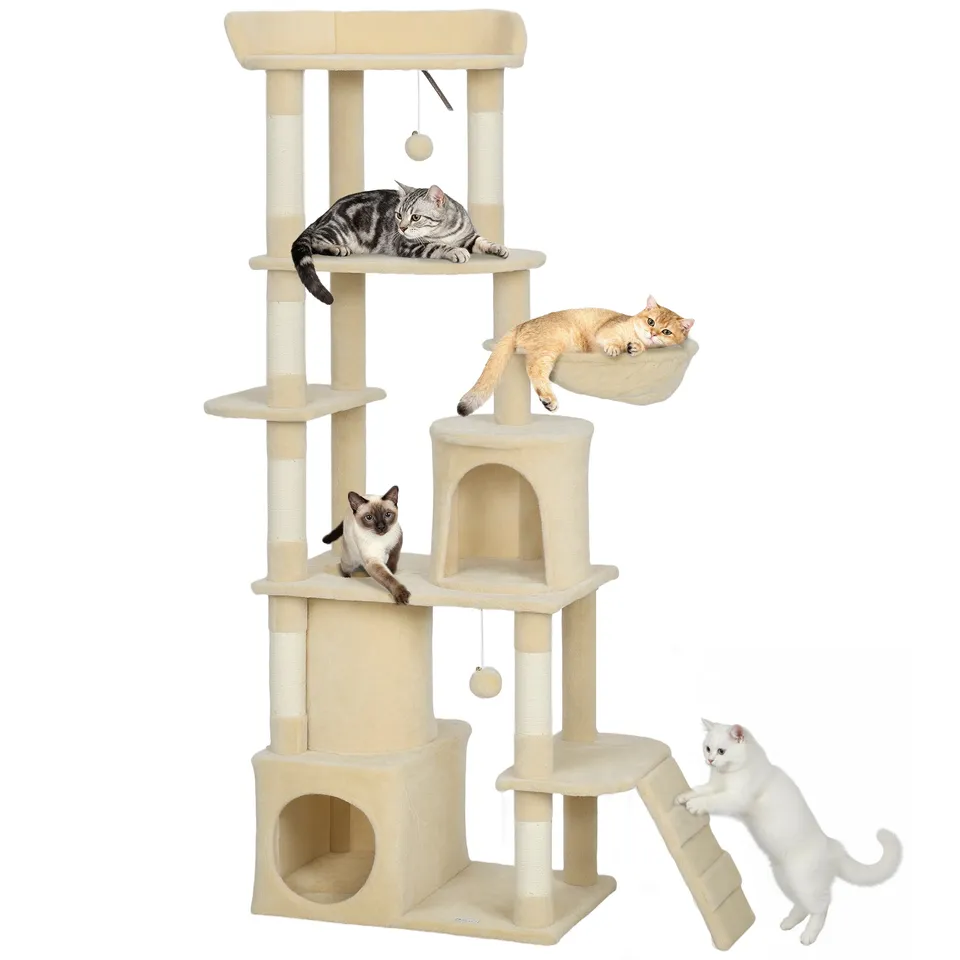 pawhut-arbre-chat-g-ant-170-cm-7-griffoirs-2-niches-hamac-beige image 1