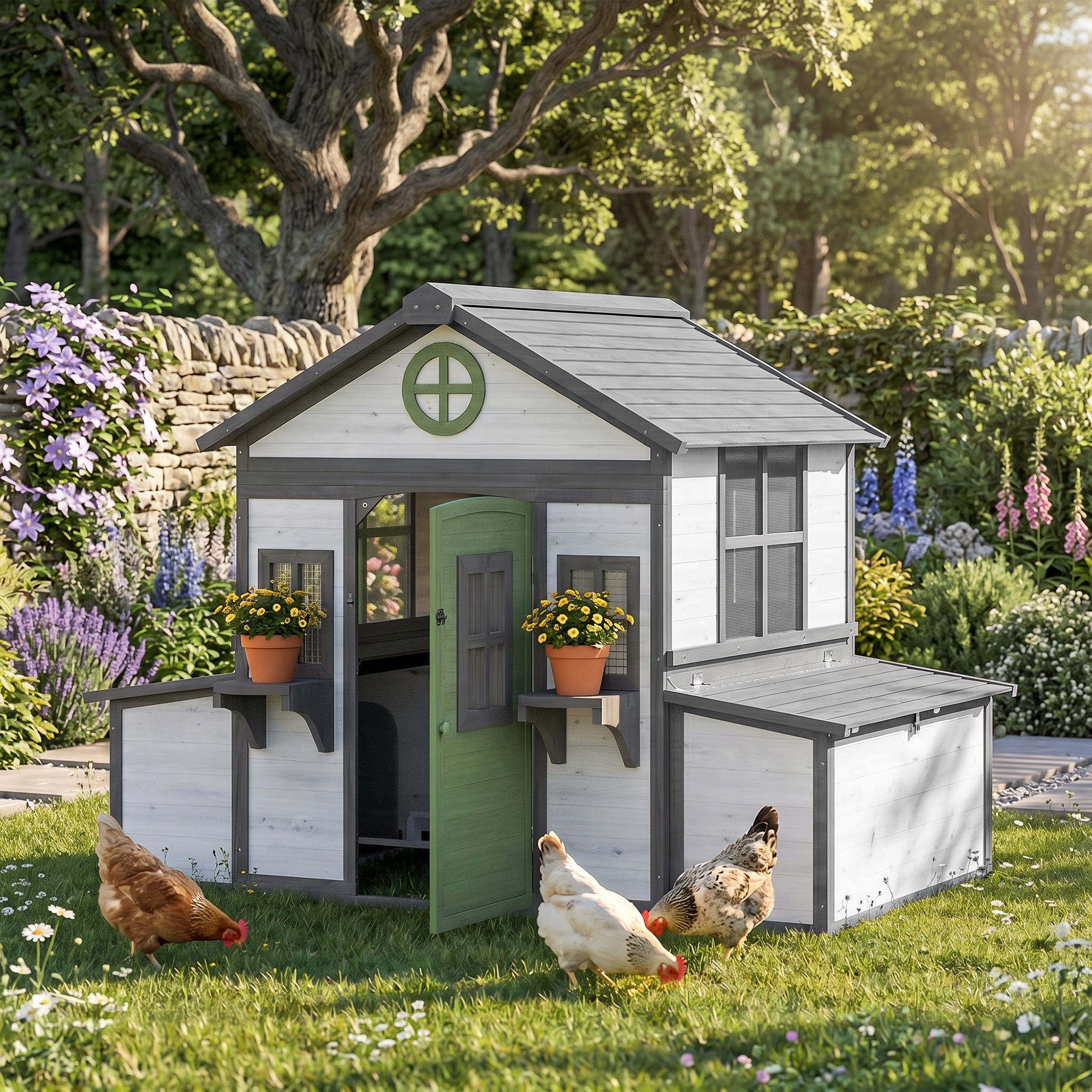 pawhut-poulailler-bois-182x126x136-cm-2-4-poules-2-pondoirs-blanc image 3