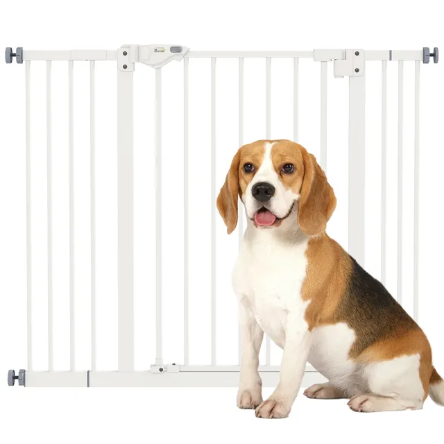 pawhut-barri-re-de-s-curit-animaux-haute-76-cm-avec-porte-blanche-74-100-cm image 1