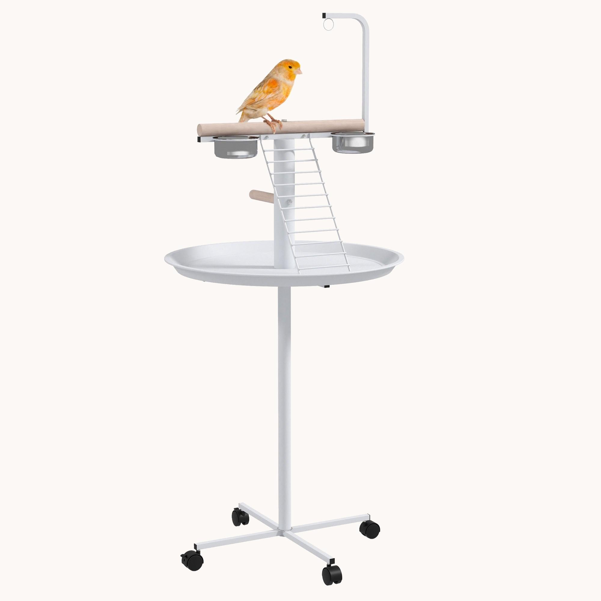 pawhut-perchoir-perroquet-sur-pied-roulettes-blanc-avec-gamelles-inox image 1