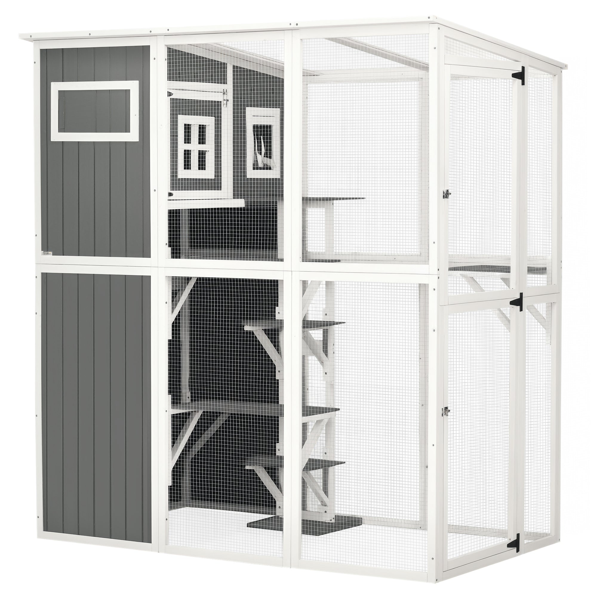 pawhut-catio-en-bois-walk-in-66-5-pouces-avec-condo-plateformes-et-toit-pvc-gris image 1