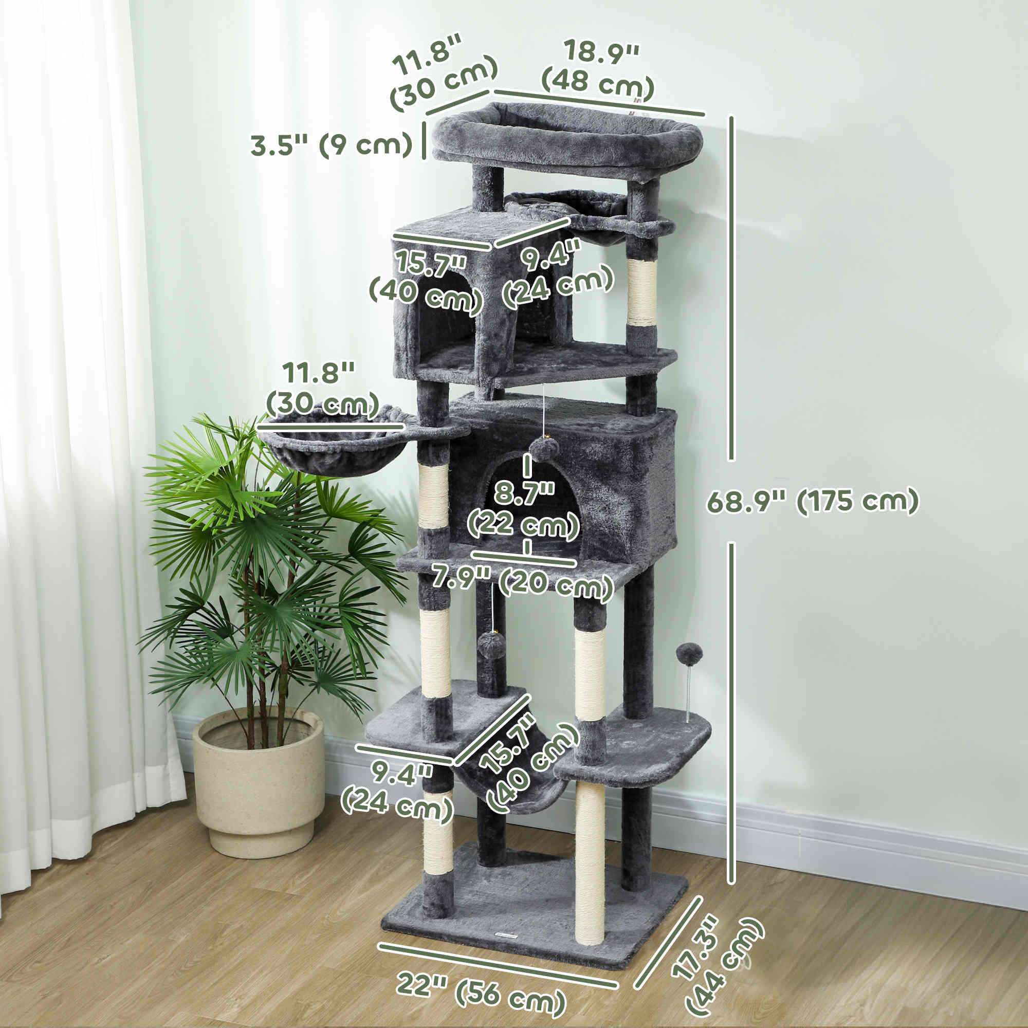 pawhut-arbre-chat-175-cm-avec-2-niches-3-hamacs-et-perchoirs-gris-fonc image 5