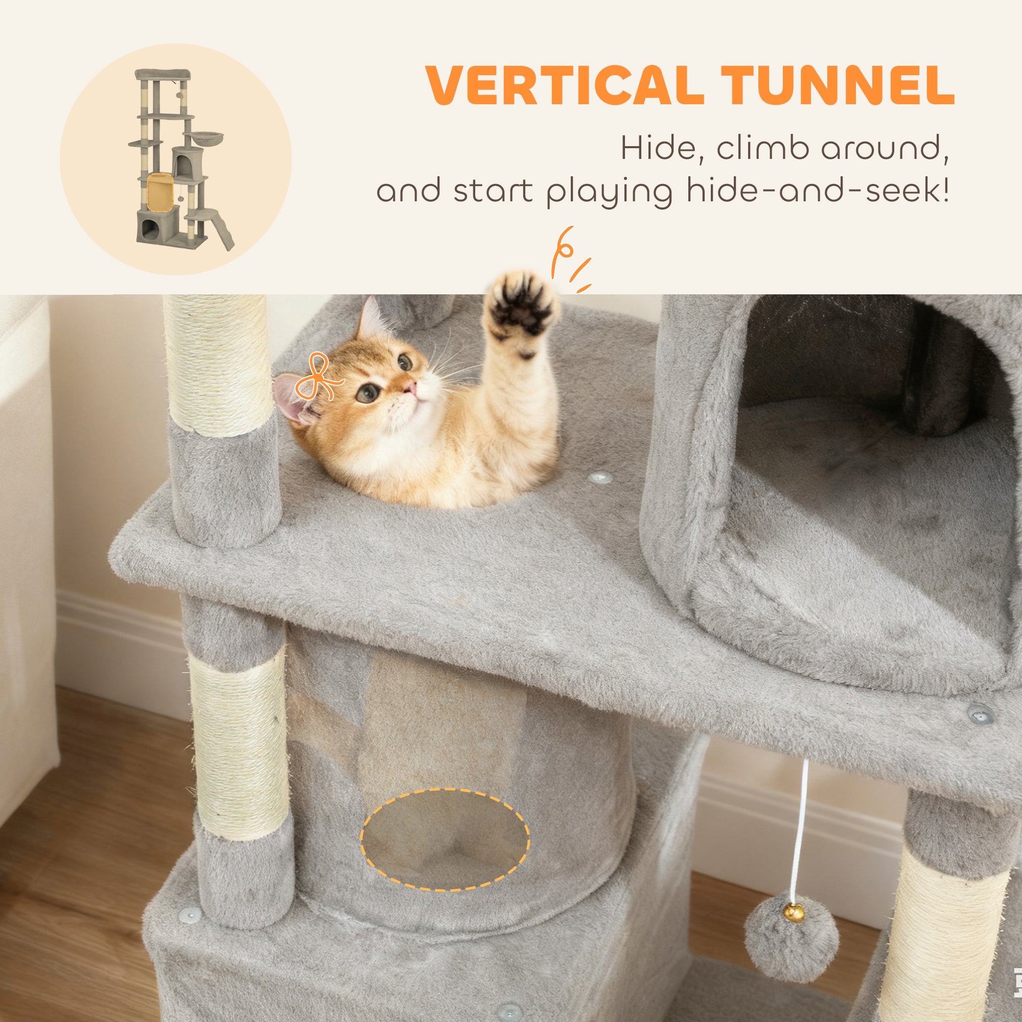 pawhut-grand-arbre-chat-67-7-griffoirs-tunnel-2-niches-hamac-gris-clair image 8