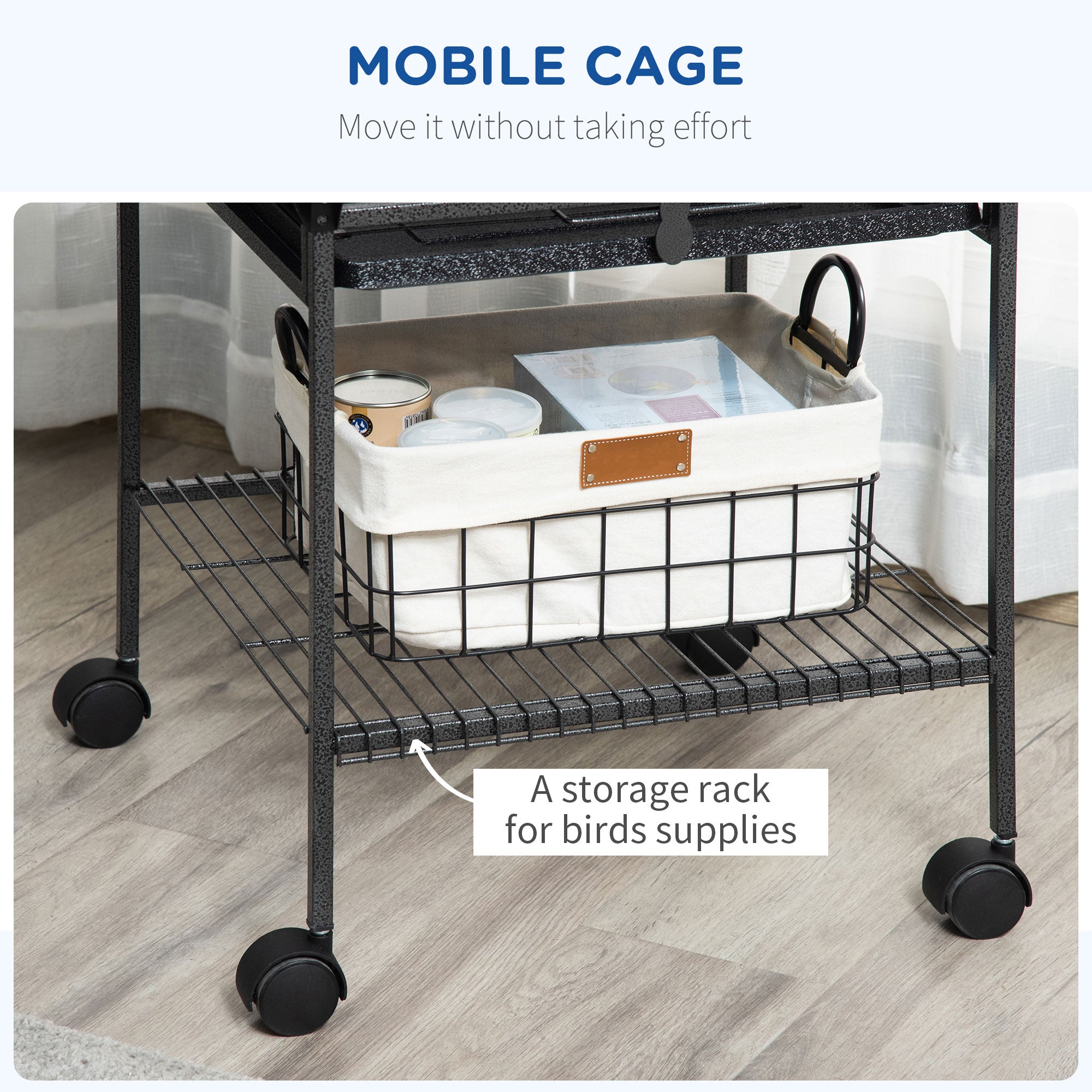 pawhut-cage-voli-re-156-cm-avec-toit-de-jeu-bacs-faciles-et-roulettes image 7