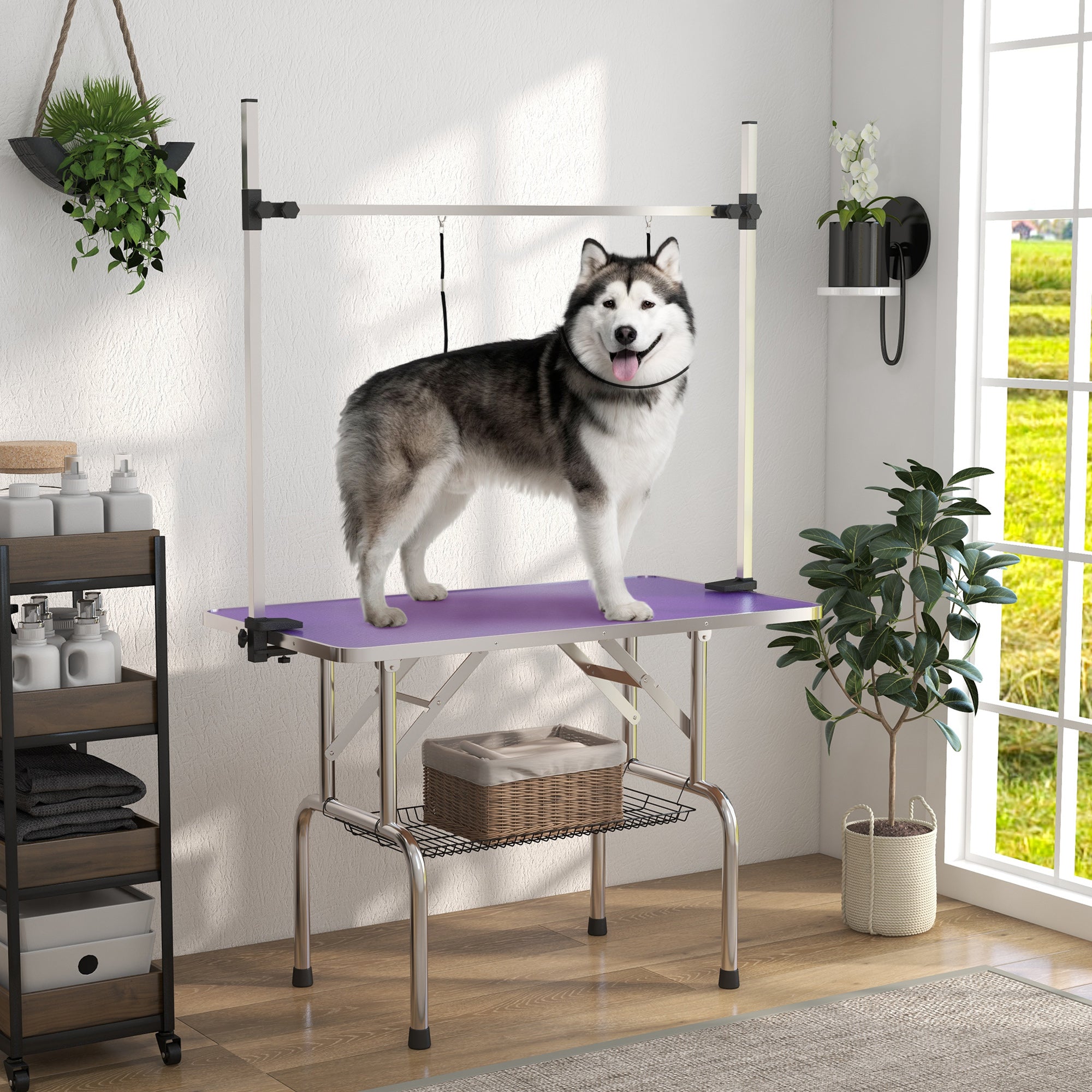 pawhut-table-de-toilettage-pliable-109-cm-bras-r-glable-violet image 4