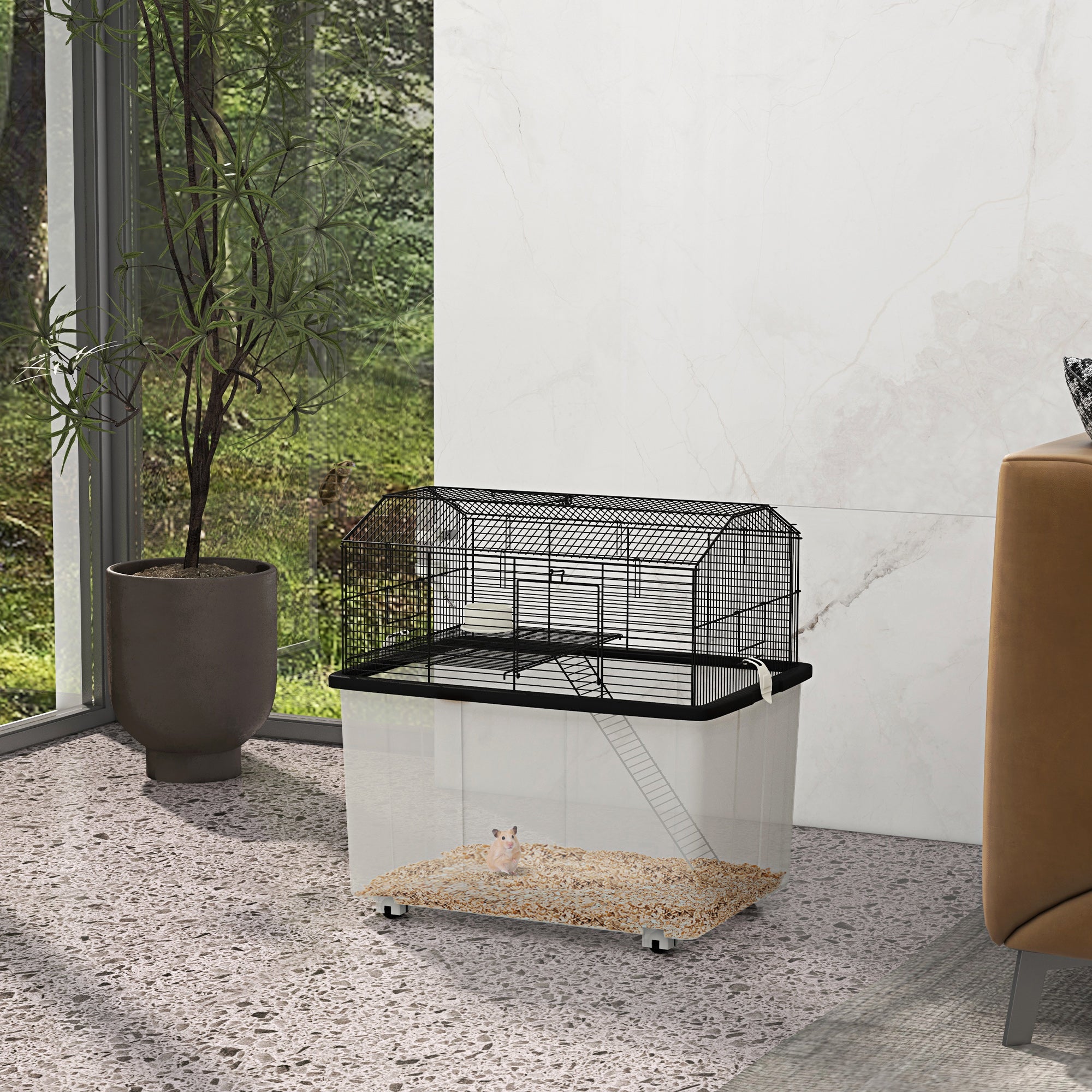 pawhut-cage-hamster-tages-avec-base-profonde-plateforme-rampe-et-roulettes-noire image 4