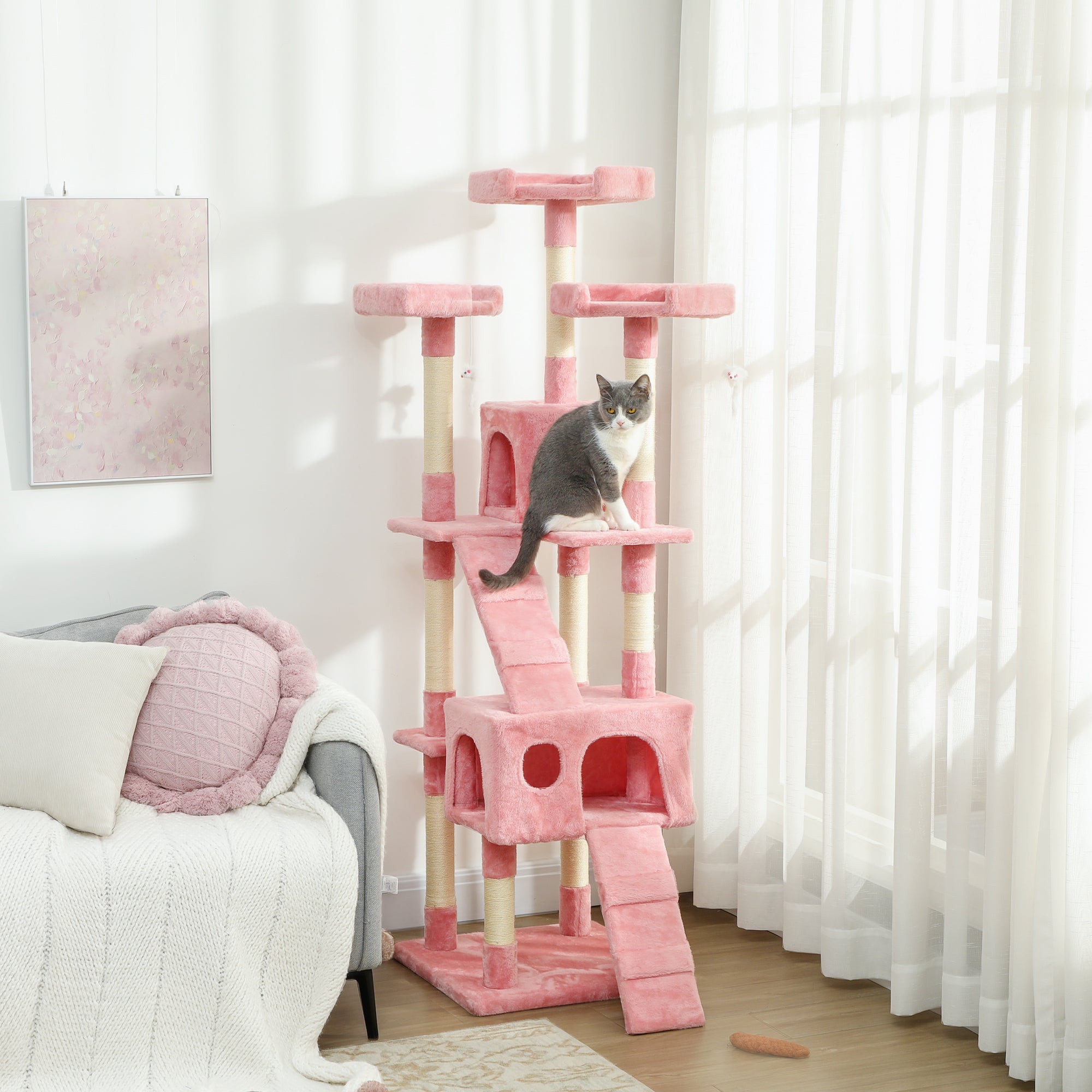 pawhut-arbre-chat-rose-68-multi-niveaux-avec-niches-griffoirs-et-perchoirs image 3