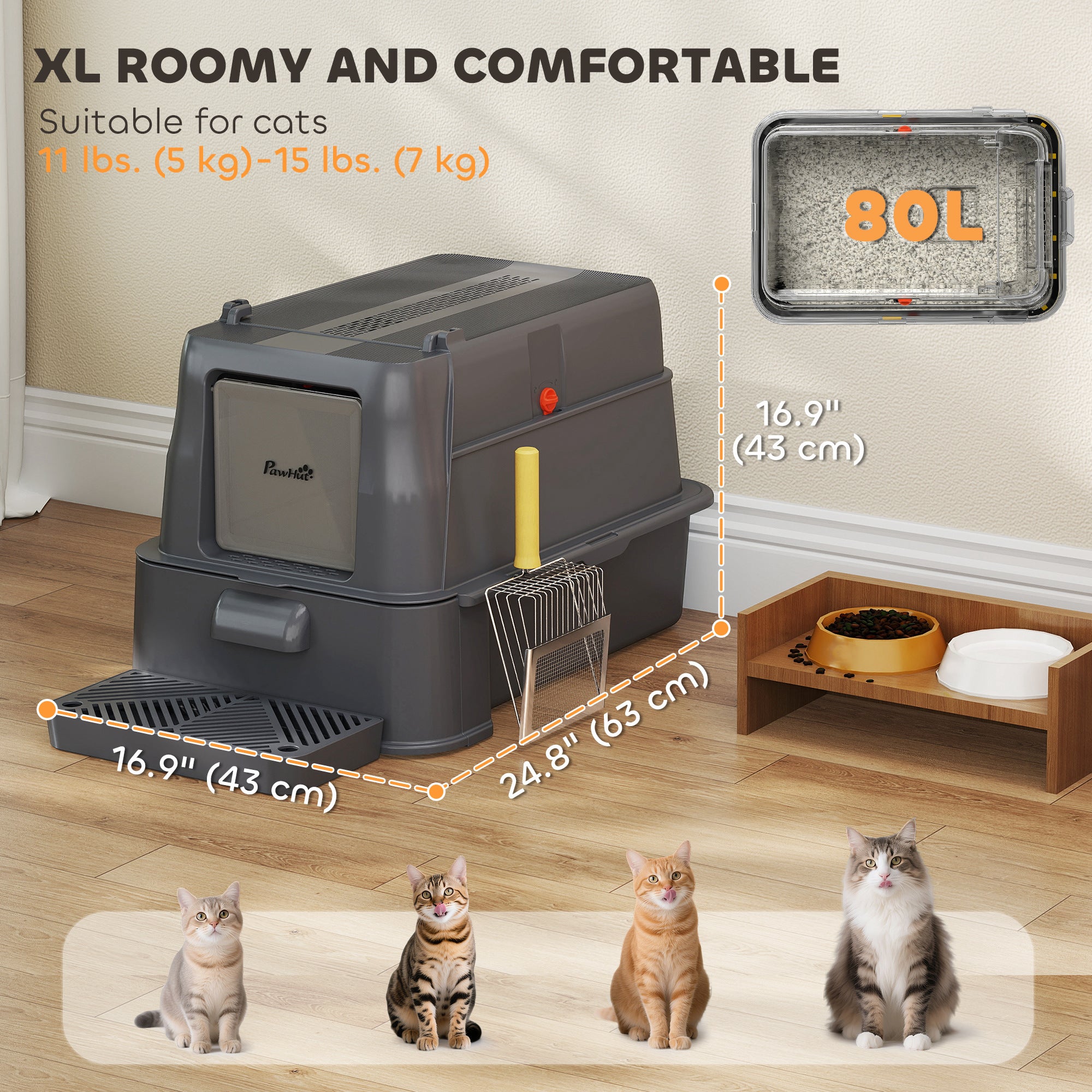 pawhut-bac-liti-re-xl-inox-avec-couvercle-et-tiroir-coulissant-gris-fonc image 7