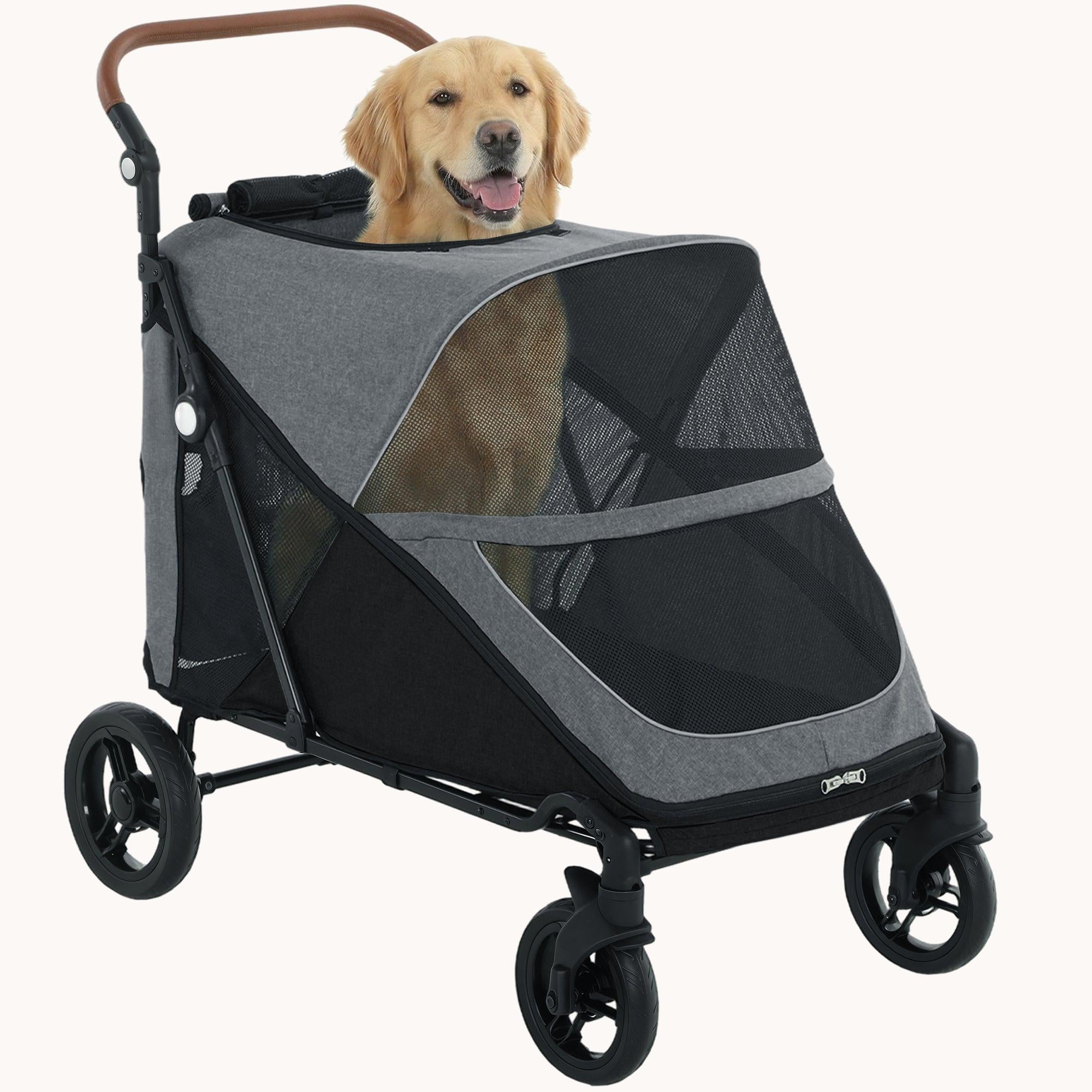 pawhut-poussette-pour-grands-chiens-pliage-une-main-poign-e-r-glable-grise image 1