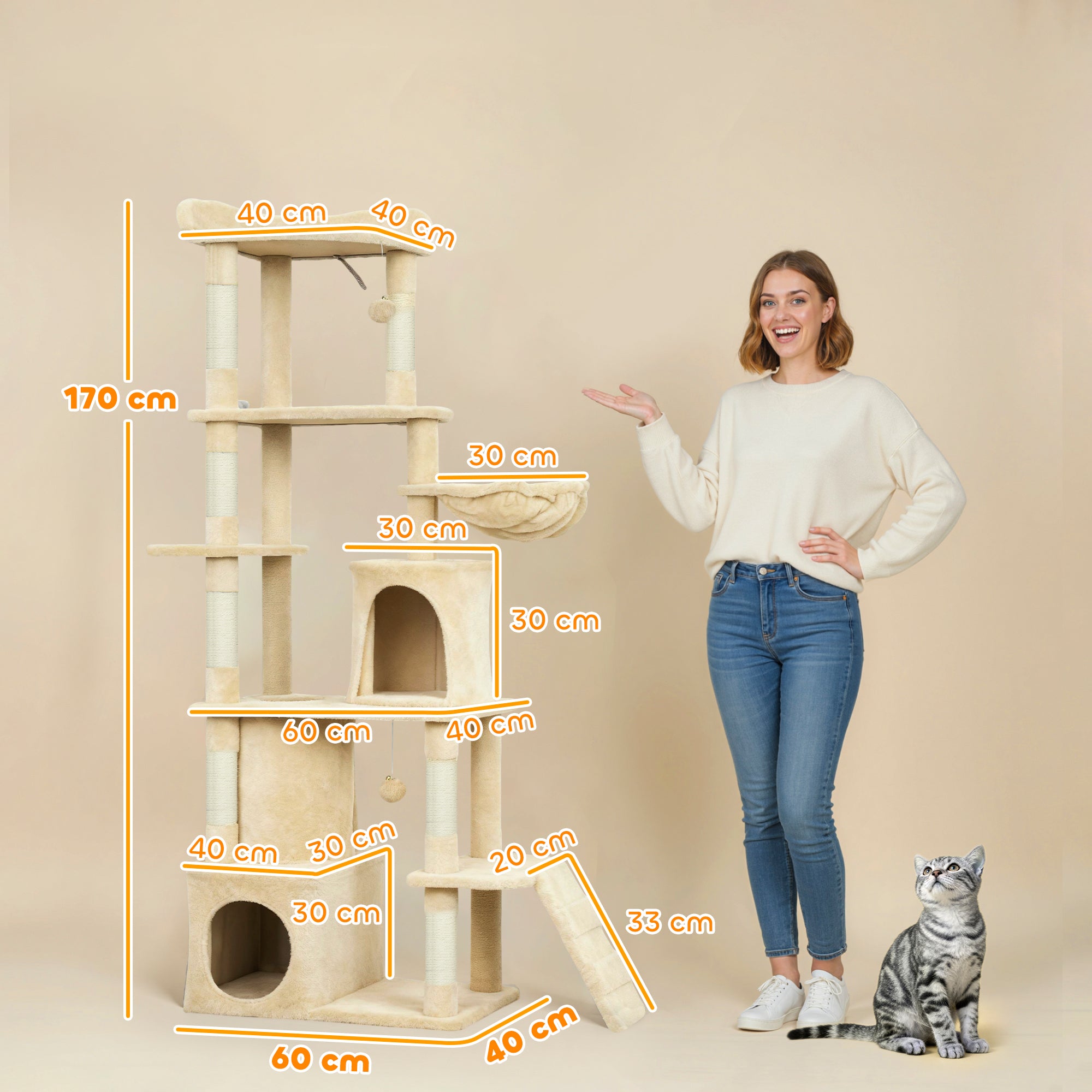 pawhut-arbre-chat-g-ant-170-cm-7-griffoirs-2-niches-hamac-beige image 5