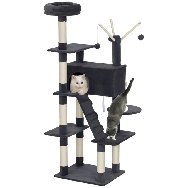 pawhut-arbre-chat-59-multi-niveaux-avec-niche-perchoir-et-chelle-gris-fonc image 1
