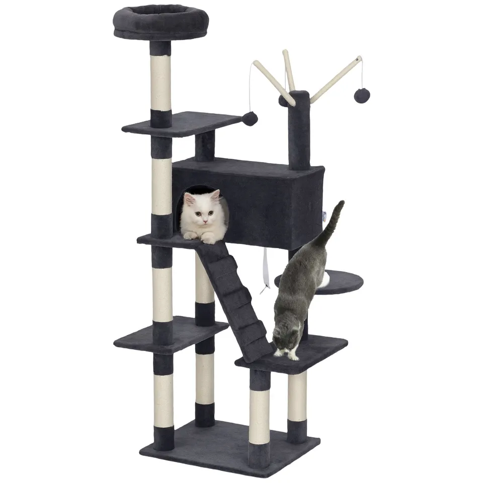 pawhut-arbre-chat-59-multi-niveaux-avec-niche-perchoir-et-chelle-gris-fonc image 1