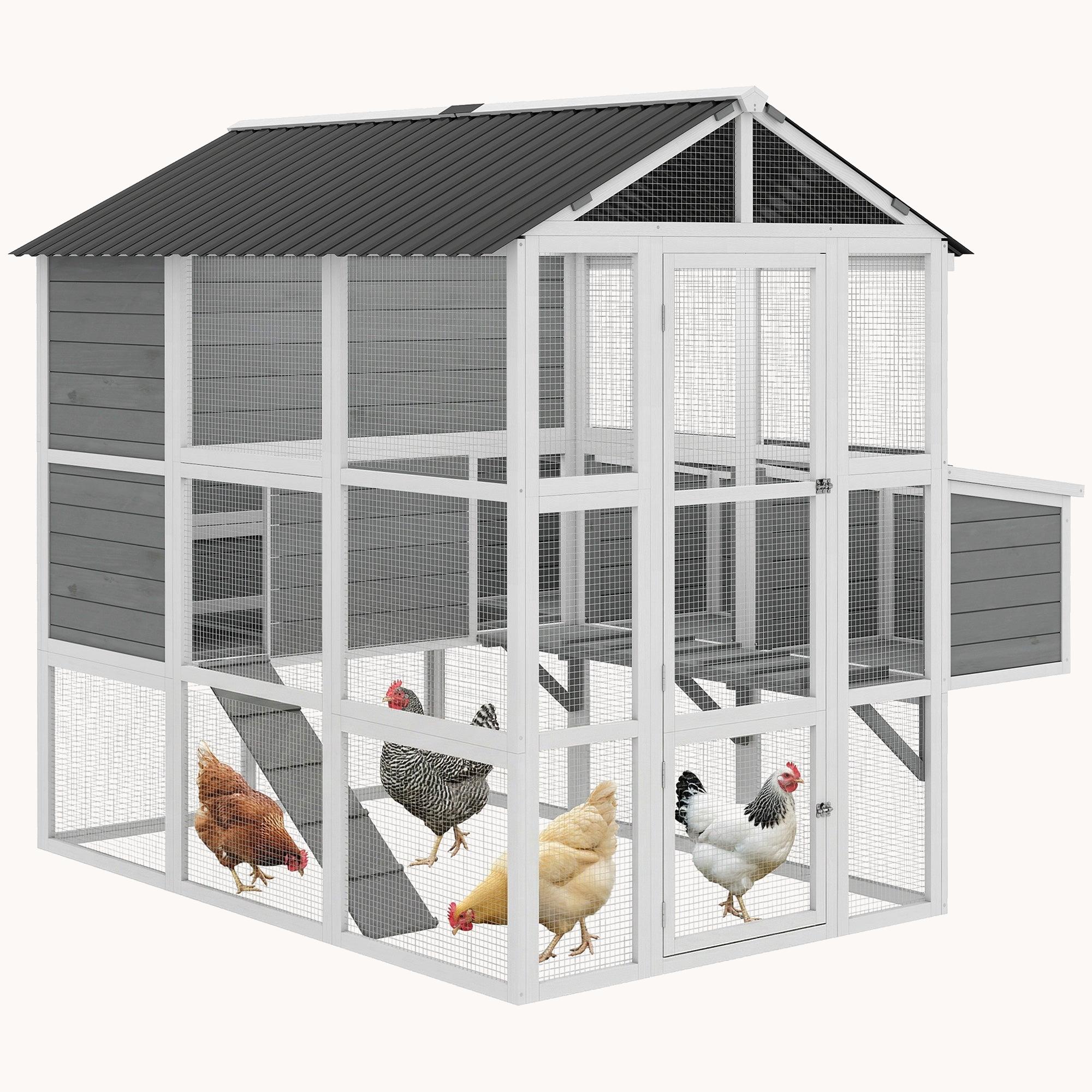 pawhut-grand-poulailler-en-bois-77-avec-enclos-pour-6-8-poules-3-pondoirs-gris image 1