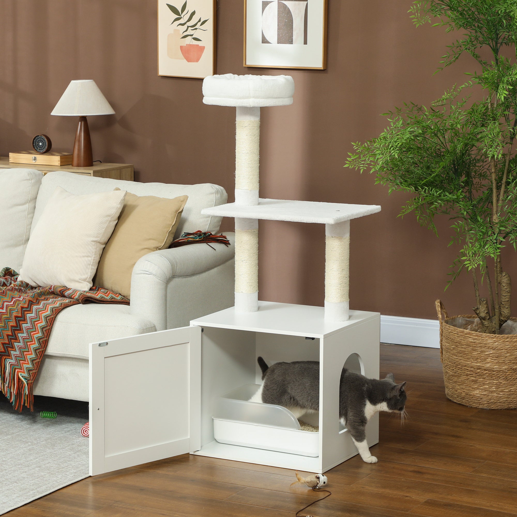 pawhut-arbre-chat-avec-meuble-liti-re-cach-e-et-griffoirs-blanc image 3