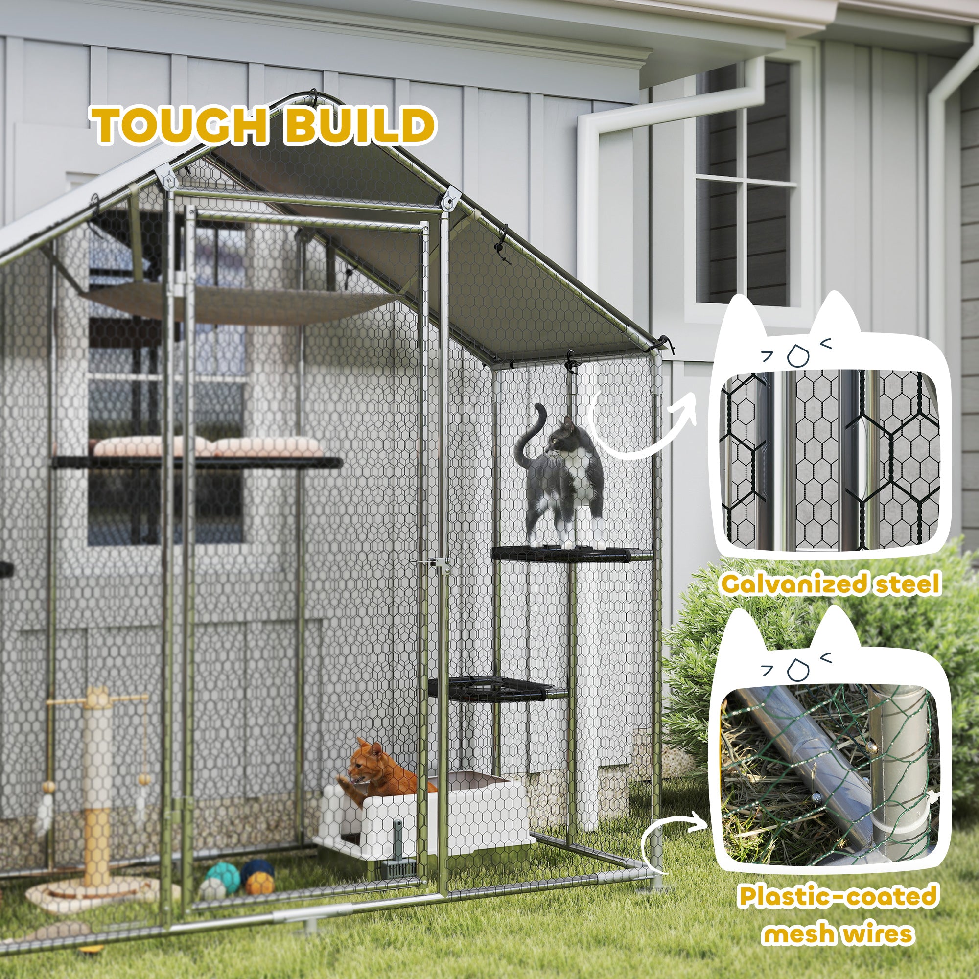 pawhut-catio-enclos-chat-walk-in-m-tal-77-avec-5-plateformes-et-hamac-argent image 8