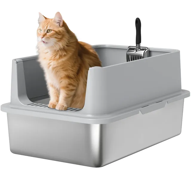 pawhut-bac-liti-re-chat-xl-inox-avec-pelle-gris-60x40x30-cm image 1