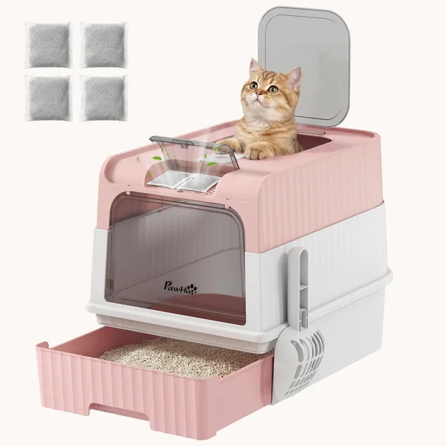 pawhut-bac-liti-re-ferm-pour-chat-avec-capot-sortie-dessus-tiroir-et-pelle-rose image 1