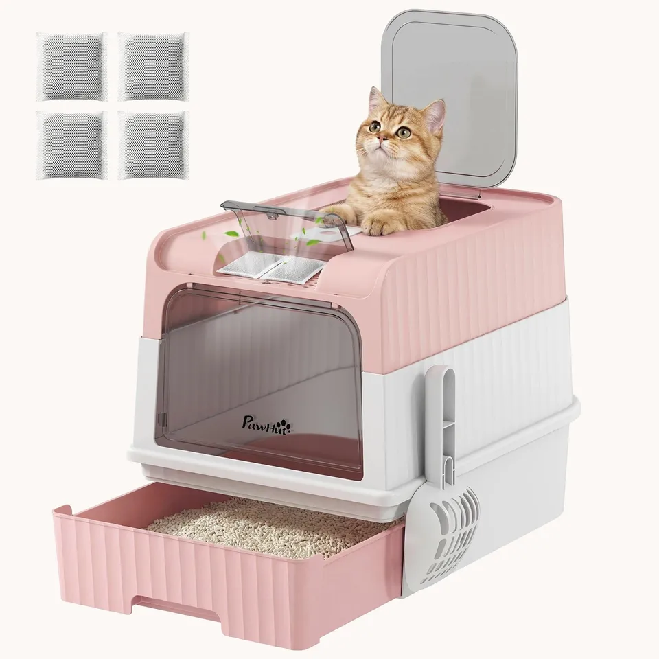 pawhut-bac-liti-re-ferm-pour-chat-avec-capot-sortie-dessus-tiroir-et-pelle-rose image 1