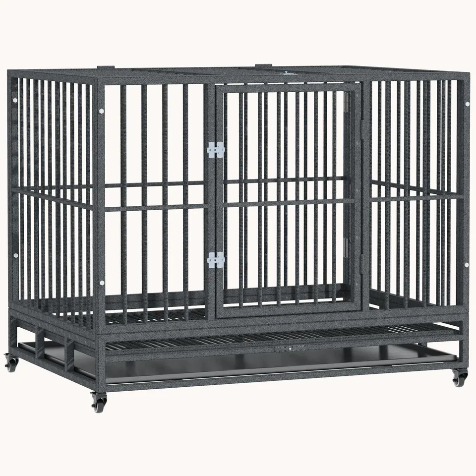 pawhut-cage-chien-heavy-duty-43-roulettes-verrouillables-double-porte-et-bac-amo image 1