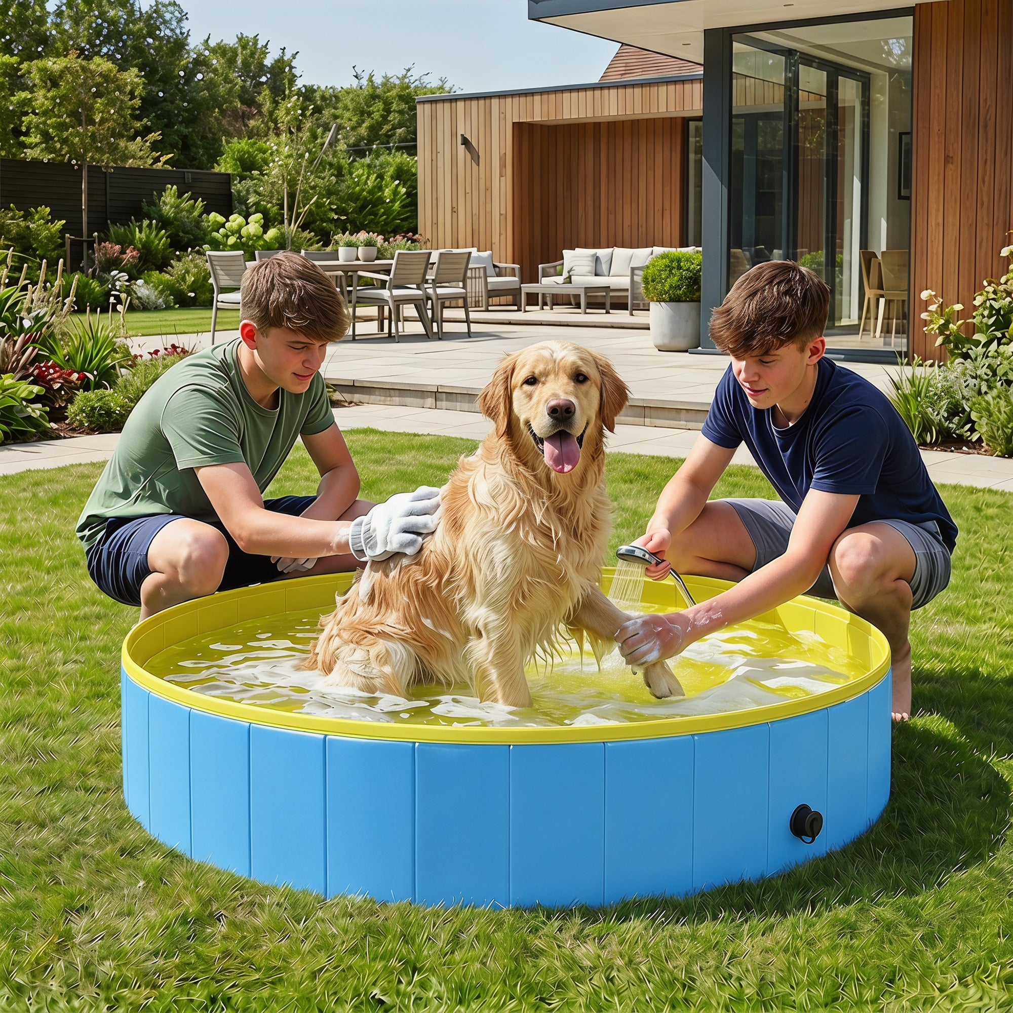 pawhut-piscine-chien-pliable-140-x-30-cm-bleu-et-jaune-avec-base-pvc image 3