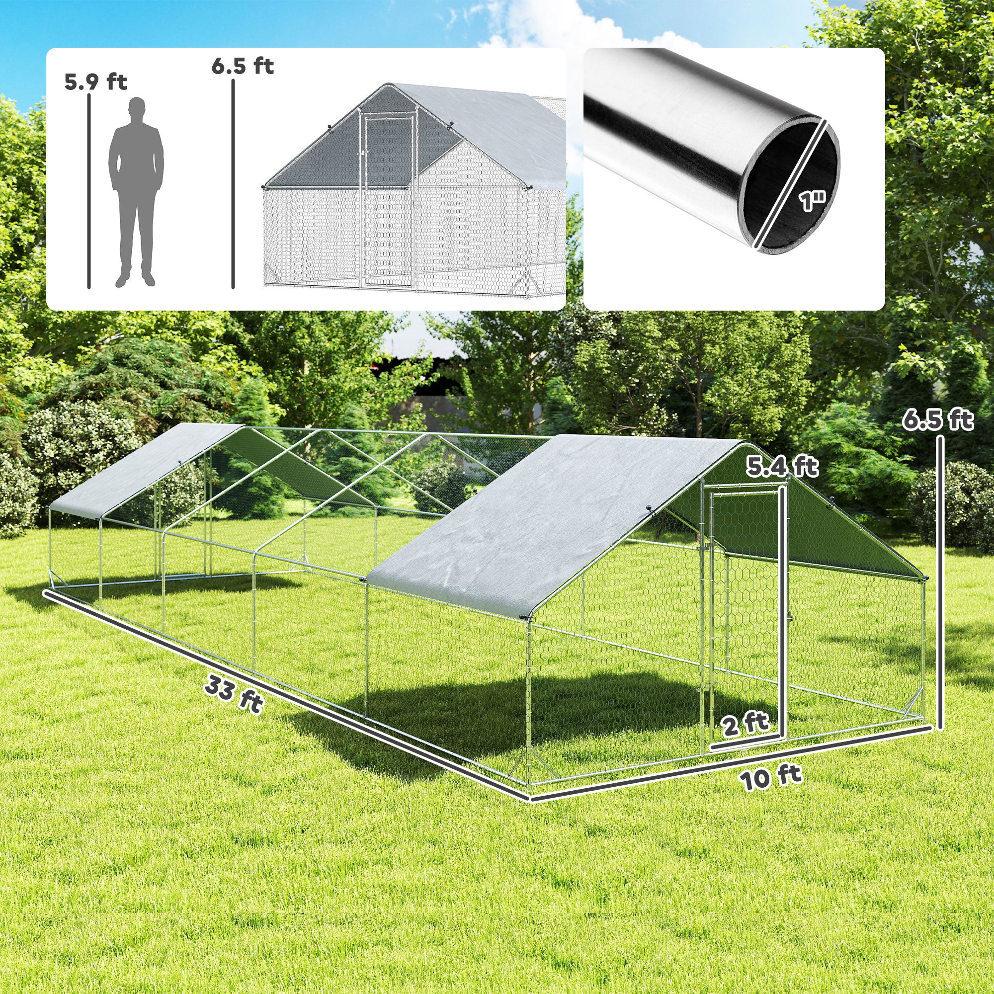 pawhut-parc-poules-walk-in-xxl-avec-b-che-imperm-able-pour-30-40-poules-argent image 5