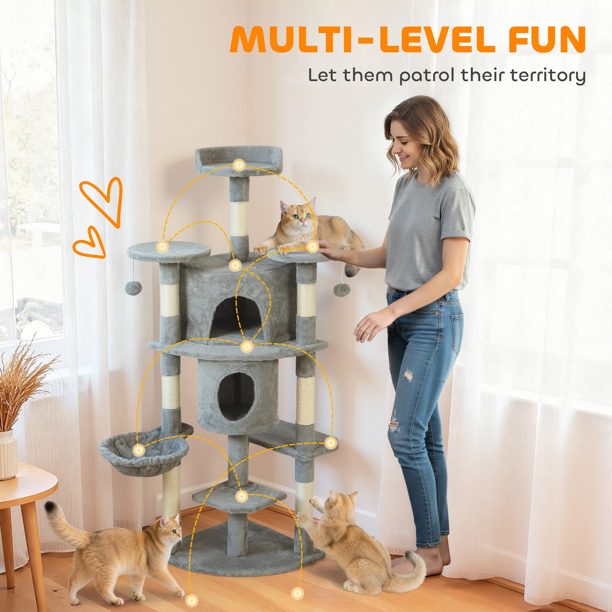 pawhut-arbre-chat-157-cm-2-niches-hamac-et-perchoirs-gris-clair image 6