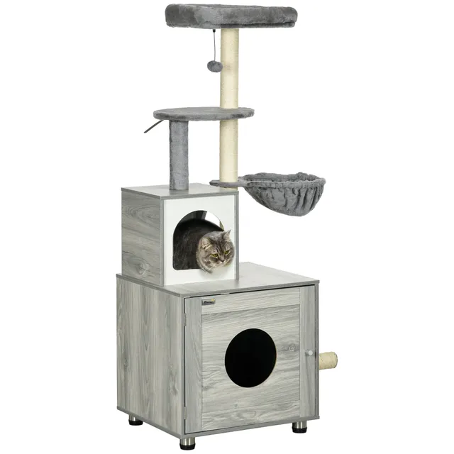 pawhut-arbre-chat-2-en-1-oasis-avec-liti-re-et-griffoirs-gris image 1