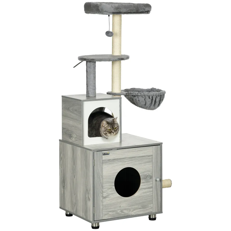 pawhut-arbre-chat-2-en-1-oasis-avec-liti-re-et-griffoirs-gris image 1