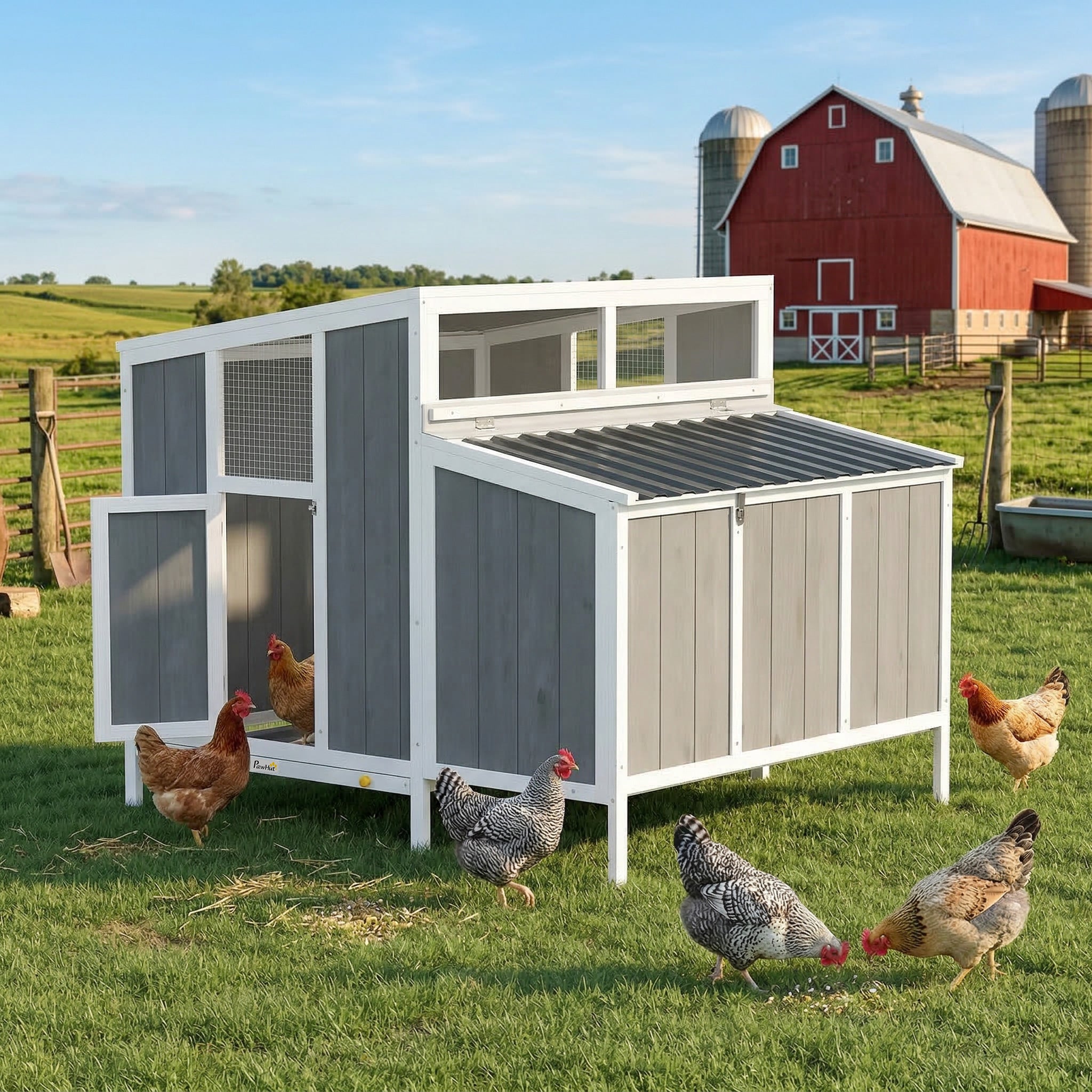 pawhut-poulailler-en-bois-4-6-poules-avec-pondoir-et-tiroir-122-x-99-x-102-cm-gr image 4